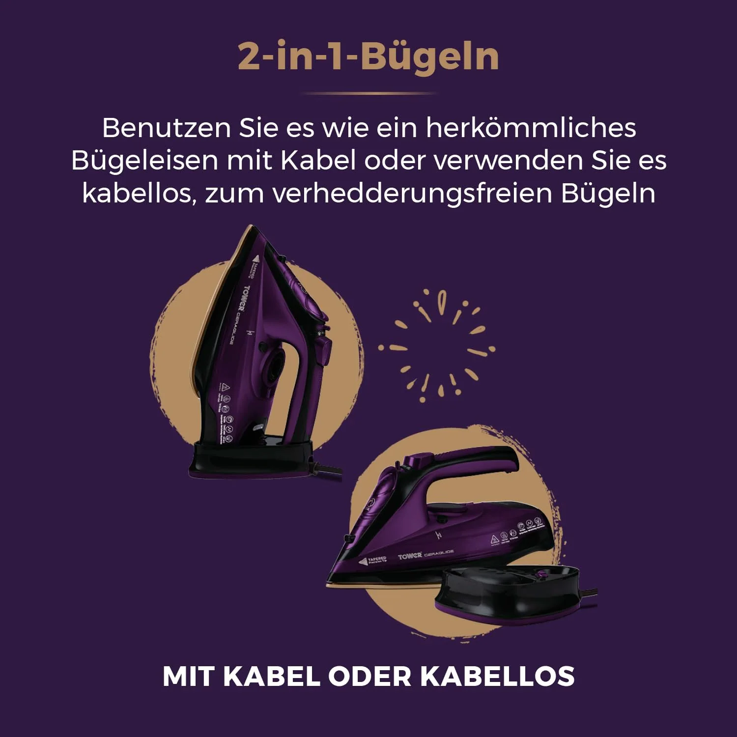 Tower T22008 CeraGlide Kabelloses Dampf Bügeleisen mit Keramiksohle - Dampfbügeleisen mit Variabler Dampffunktion, Lila - Image 2