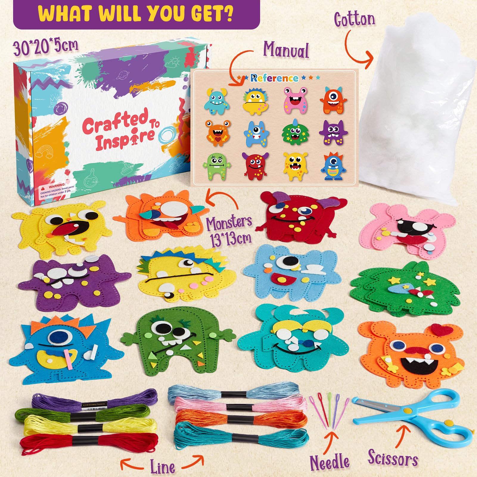 Toylink Filz Nähset Kinder, 12Pcs Bastelset Basteln Kinder ab 4 5 6 7 8 Jahre, Nähen mit Farbige Stickgarn Füllwatte, Kindergeburtstag Kreativ DIY Set Basteln Geschenk für Jungen Mädchen (Monster) - Image 7