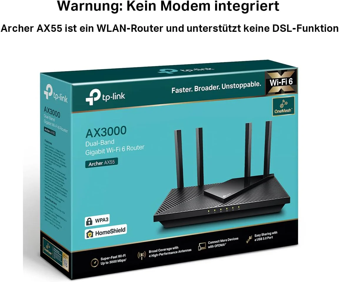 TP-Link Archer AX55 Wi-Fi 6 WLAN Router, 2402 Mbit/s 5 GHz, 574 Mbit/s 2,4 GHz, 4 × Gigabit LAN-Ports, 1 × USB 3.0 Port, unterstützt keine DSL-Funktion, Schwarz - Image 3