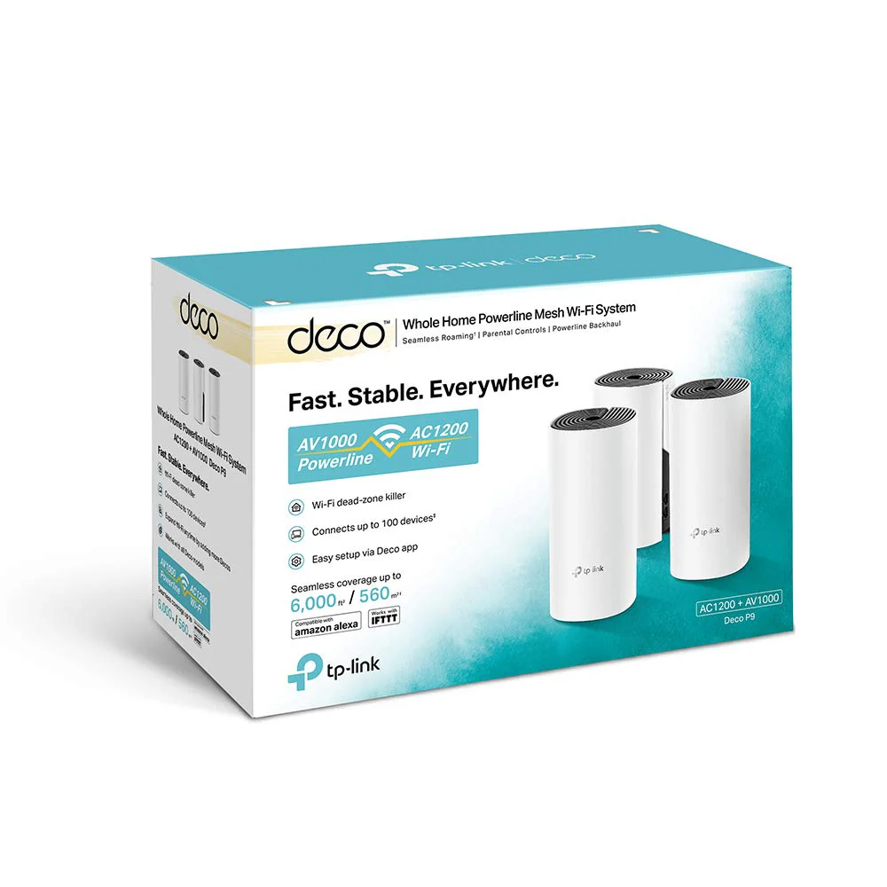 TP-Link Deco P9 Powerline WLAN Mesh Set (Dualband 1200Mbit/s + HomePlug 1000Mbit/s, Reichweite bis zu 560m², Qualcomm Core, 6xGigabit-Ports, kompatibel mit Amazon Alexa, Schnellinstallation) weiß - Image 3