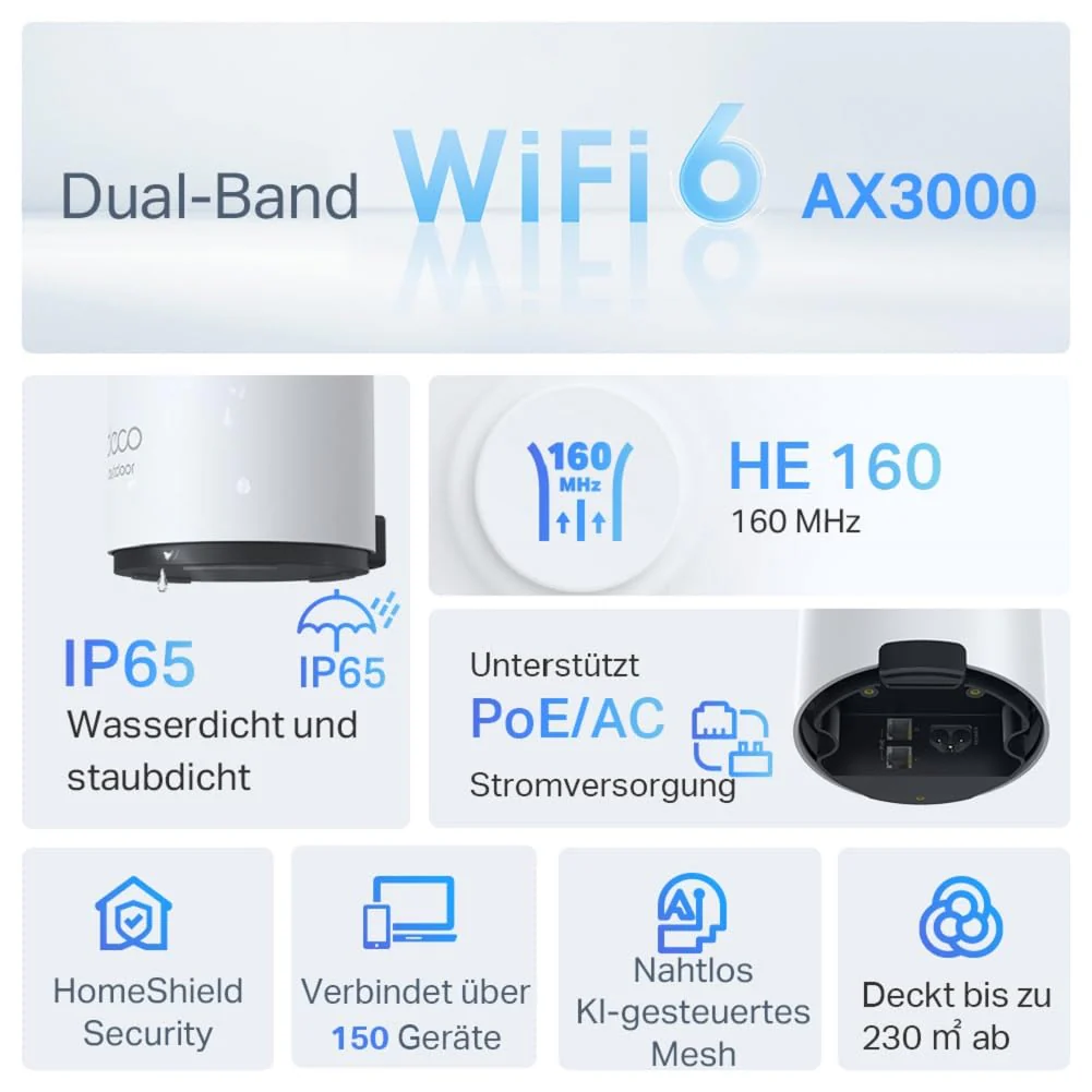 TP-Link Deco X50-Outdoor Wi-Fi 6 Mesh WLAN, AX3000 Dualband Router (2× Gigabit ports, 802.at PoE, Außenbereich, Kompatibel mit allen Deco-Modellen) - Image 7
