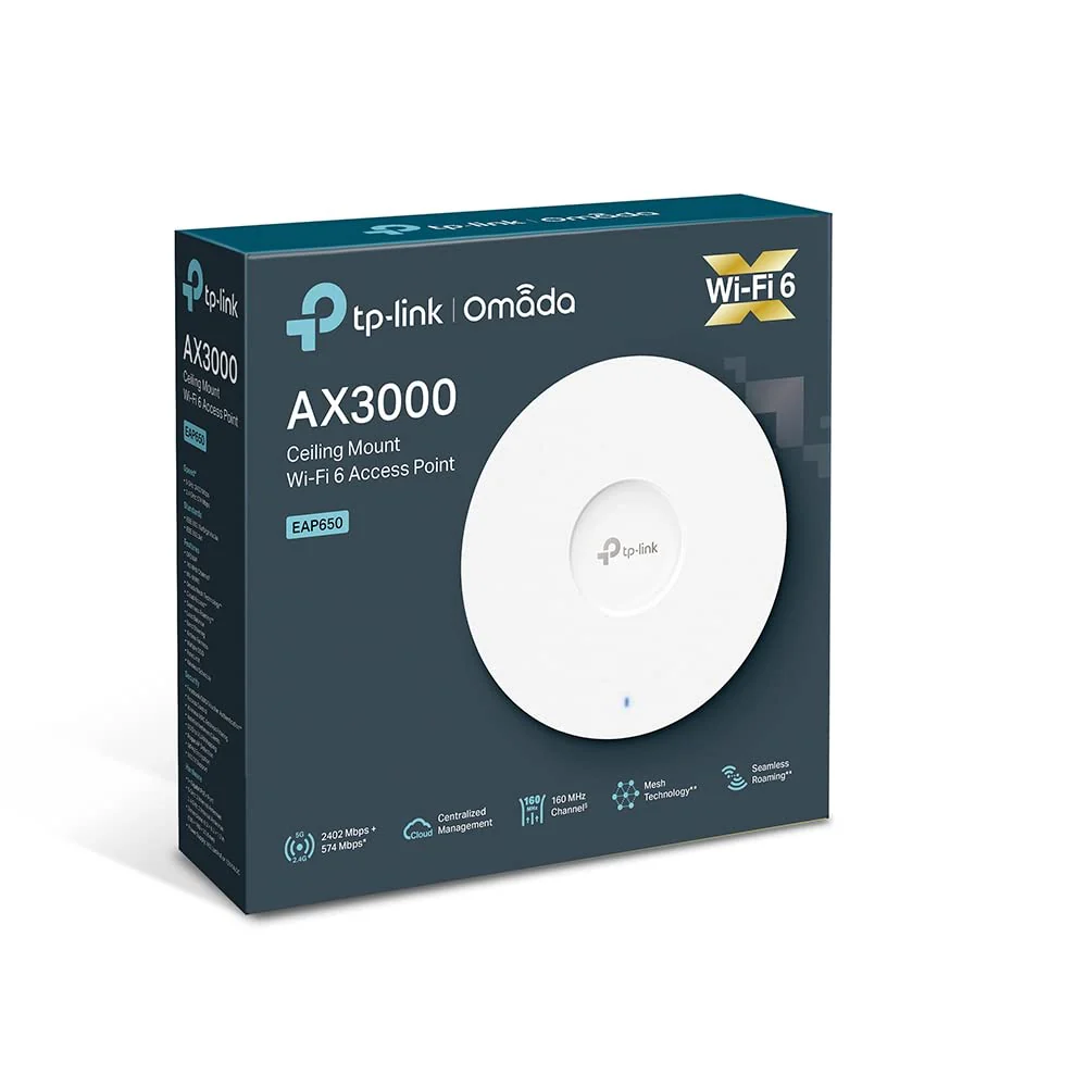 TP-Link EAP650 AX3000 Gigabit Dualband WiFi 6 WLAN Access Point (Omada SDN, zentrales Management, 1 Gigabit Port, nahtloses WLAN-Roaming, PoE/DC angetriebene) weiß