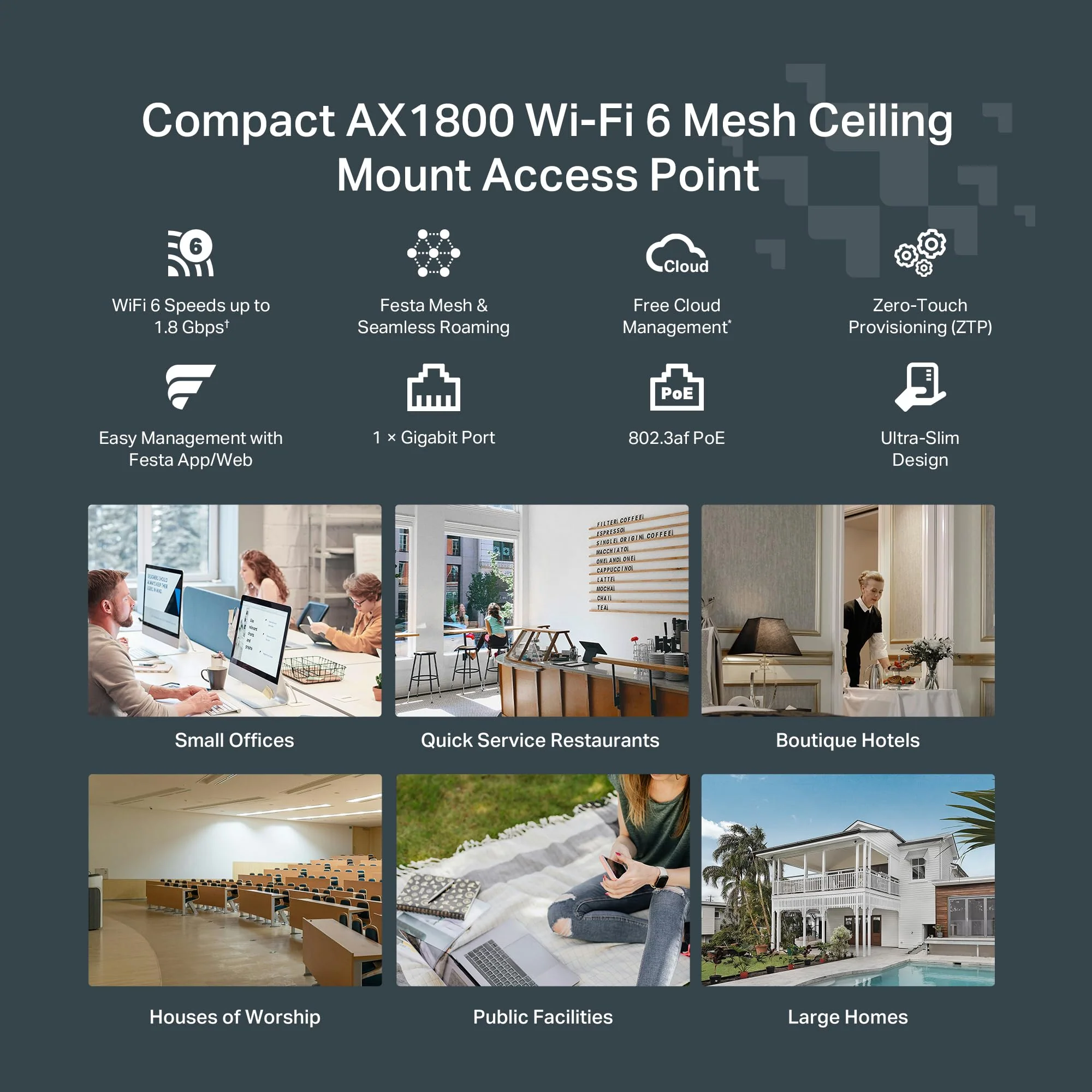 TP-Link Festa F61 Access Point AX1800 WiFi 6, Kostenlose Cloud-Verwaltung, 802.3af/at PoE oder 48V passives PoE oder 12V/1A DC, Festa Mesh, OFDMA, MU-MIMO, Bis zu 250 Clients, Gastnetzwerk, VPN, VLAN - Image 9