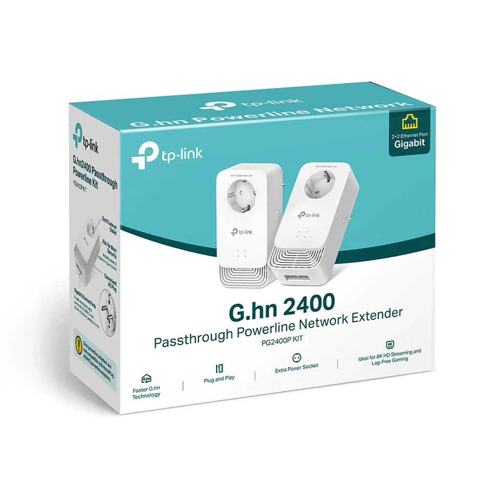 TP-Link PG2400P Kit Powerline G.hn2400, 2+2 Anschlüsse Gigabit Ethernet, Extra-Steckdose, Energiesparmodus, Plug & Play, Nicht kompatibel mit HomePlug AV/AV2-Powerline-Adaptern