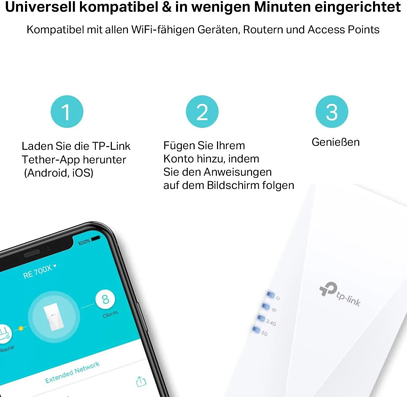 TP-Link RE700X WiFi 6 WLAN Verstärker Repeater AX3000, Dualband 2402MBit/s 5GHz + 574MBit/s 2,4GHz, MU-MIMO, Gigabit Port, empfohlen mit WiFi 6 Router, ideal für Apartments - Image 2
