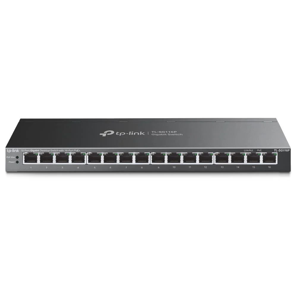 TP-Link TL-SG116P 16-Port Gigabit PoE Switch(120 Watt, IEEE-802.3af/at PoE, lüfterlos, Plug-and-Play, robustes Metallgehäuse) Schwarz - Image 2