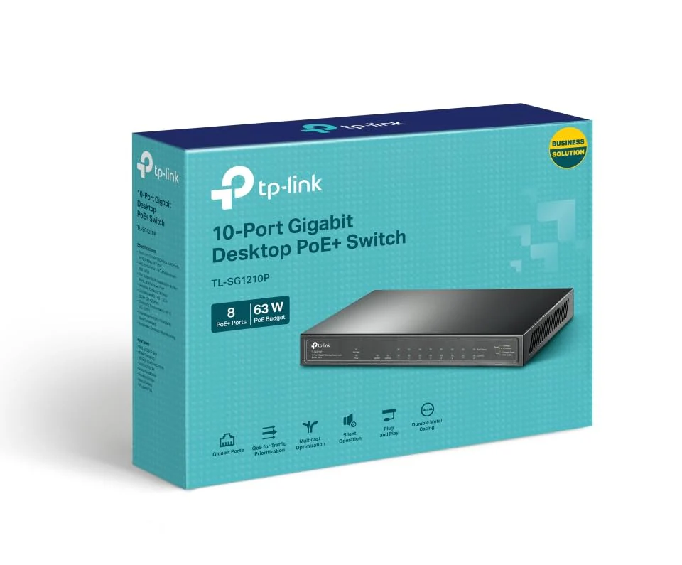 TP-Link TL-SG1210P 10 Port Gigabit PoE LAN Switch (8 Gigabit PoE+ Ports, 1 Gigabit SFP Port, 63 W, IEEE-802.3af/at, Plug-and-Play Installation, QoS, IGMP,lüfterlos) Schwarz