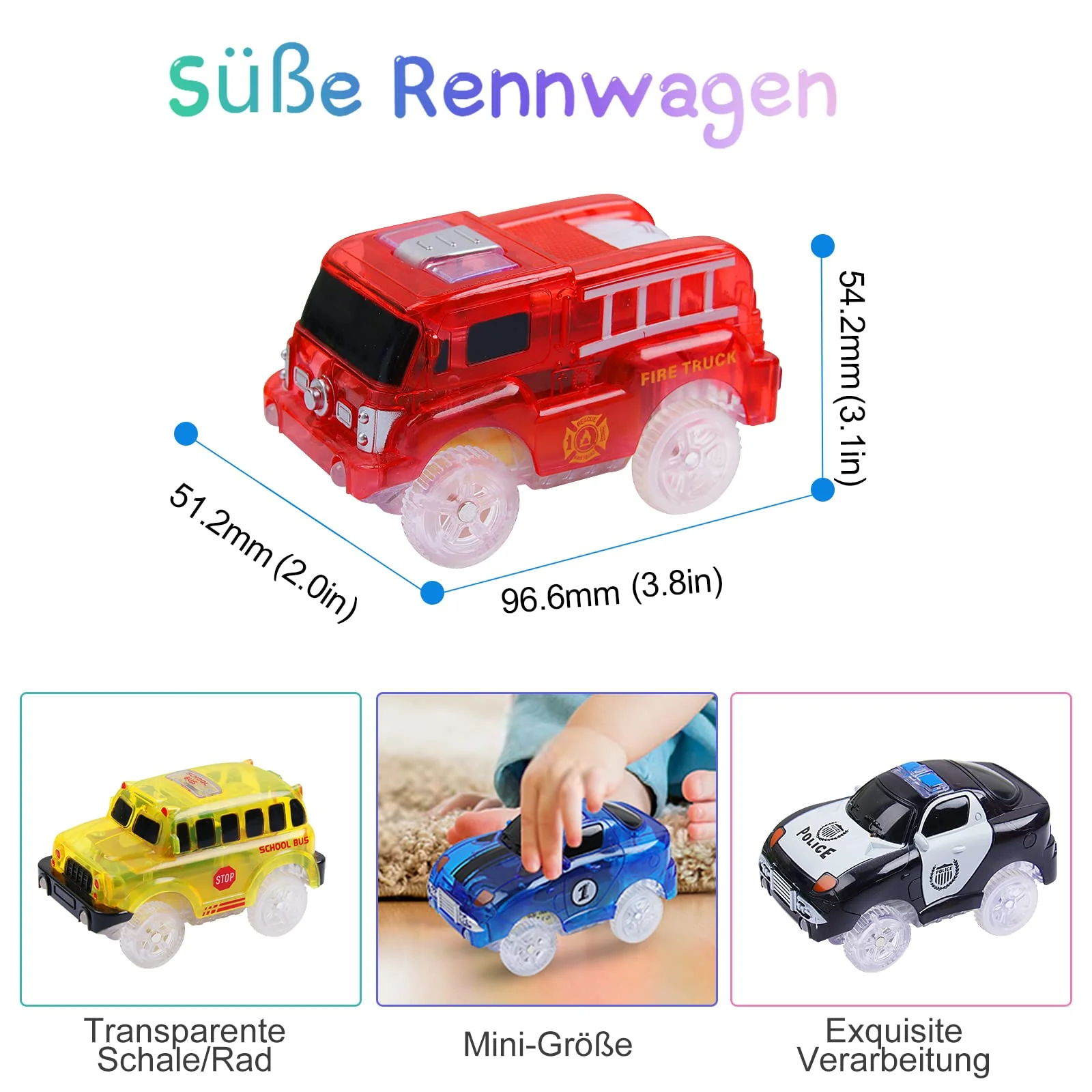 Tracks Cars 4 Pack Spielzeug Magic Cars Auto Tracks Car mit 5 LED Blinkenden Lichtern, Track-Spielzeugautos leuchten im Dunkeln, kompatibel mit den meisten Tracks für Kinder, Jungen und Mädchen - Image 6