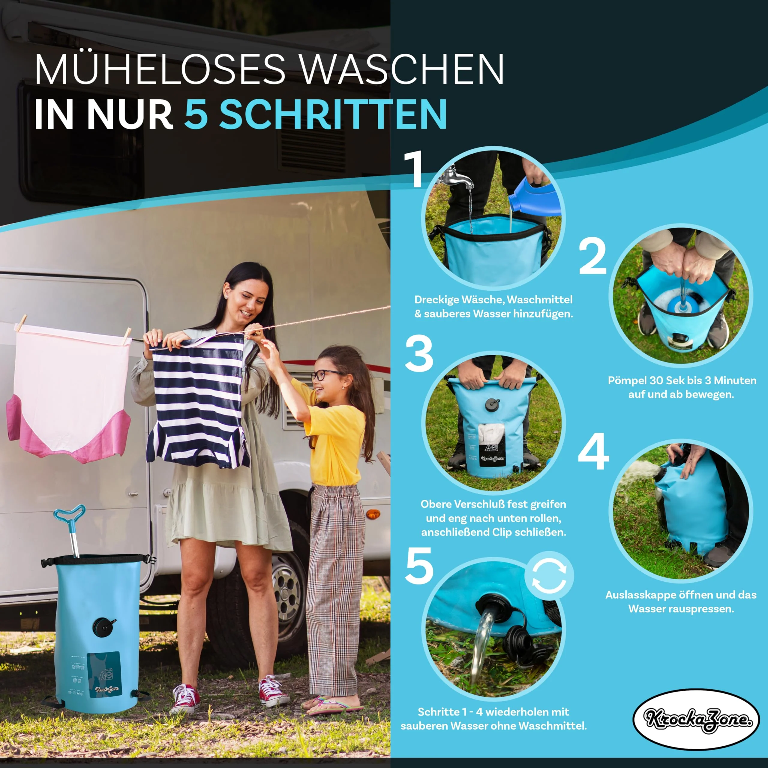 Tragbare Waschmaschine ohne Strom - Faltbarer Waschbeutel Pömpel Waschbrett Set, klein & leicht für Handwäsche, Reisewaschmaschine - Outdoor mobile mini Waschtasche für Camping, Reisen, Urlaub - Image 7