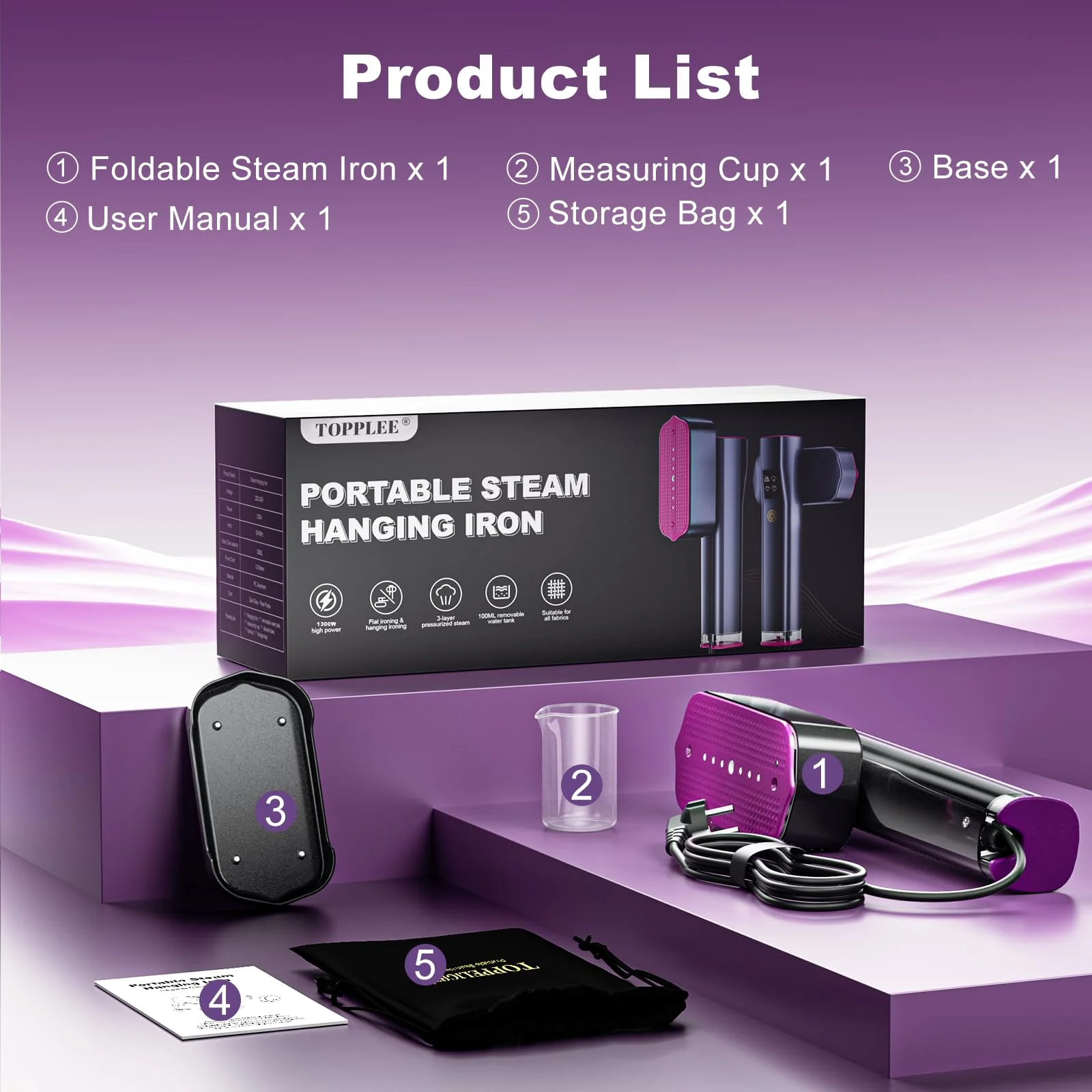 Tragbarer Dampfglätter, 1300W Reise Dampfglätter mit 100ml Wasser Tank, 2 In 1 Steamer Dampfglätter Bügeleisen, 1.32 lbs Leicht Hemdenbügler, Reisegröße Tragbares Mini Steam Iron für Reisen Haus - Image 5