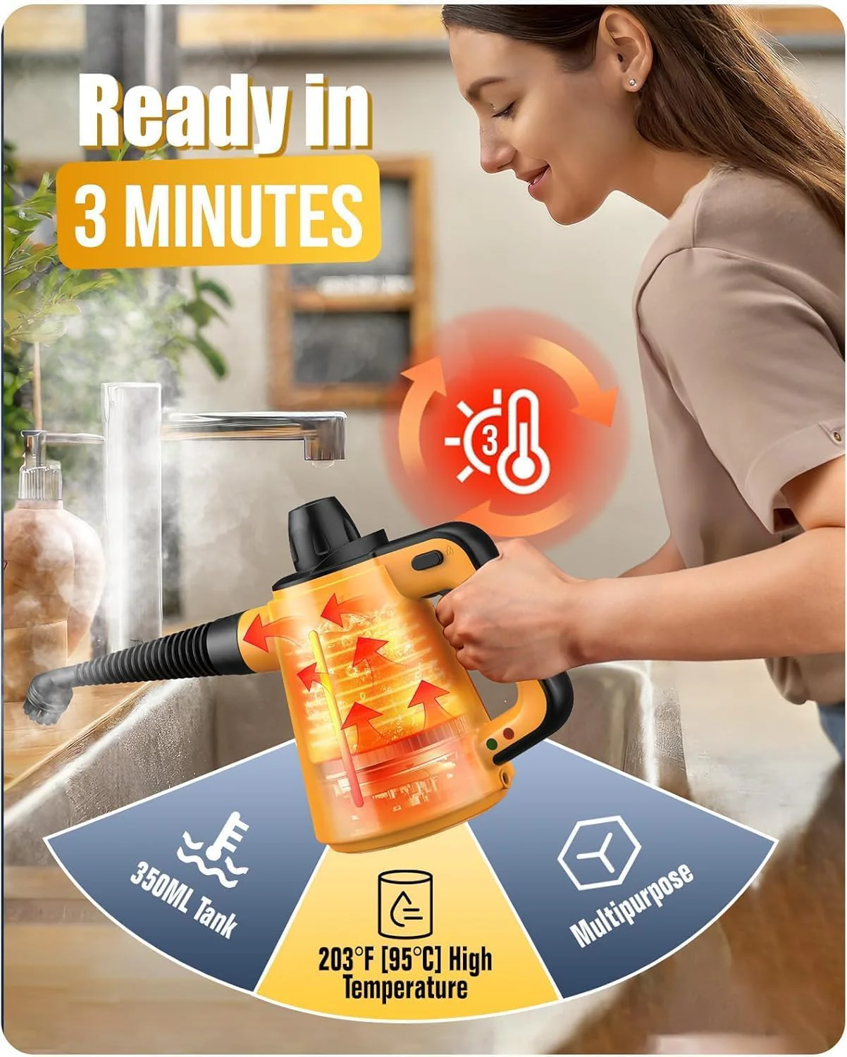 Tragbarer Dampfreiniger Handgerät, 1050W Dampfreiniger für Alles mit 10 Zubehörteilen Dampfdruck 3.5Bar Aufheizzeit 3Min Tank 380ML Dampfente Handdampfreiniger, Steam Cleaner Sofa Boden Polstermöbel - Image 3