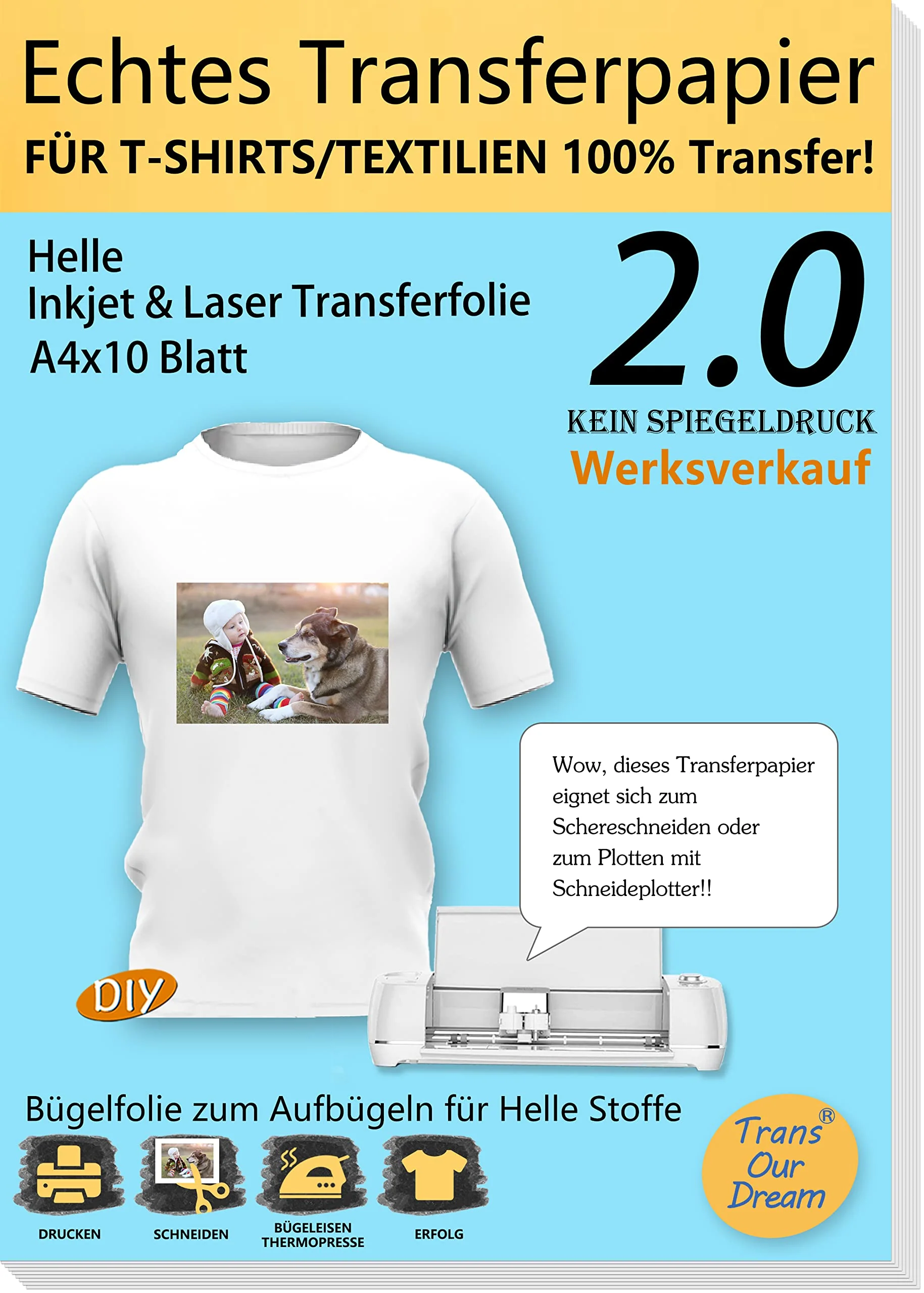 TransOurDream A4X10 Blatt+1 Silikonpapier,Echte Inkjet/Laser T-Shirt Transferpapier, Transferfolie Bügelfolie(durchscheinend Folie), für helle Textilien, Textilien Aufbügeln