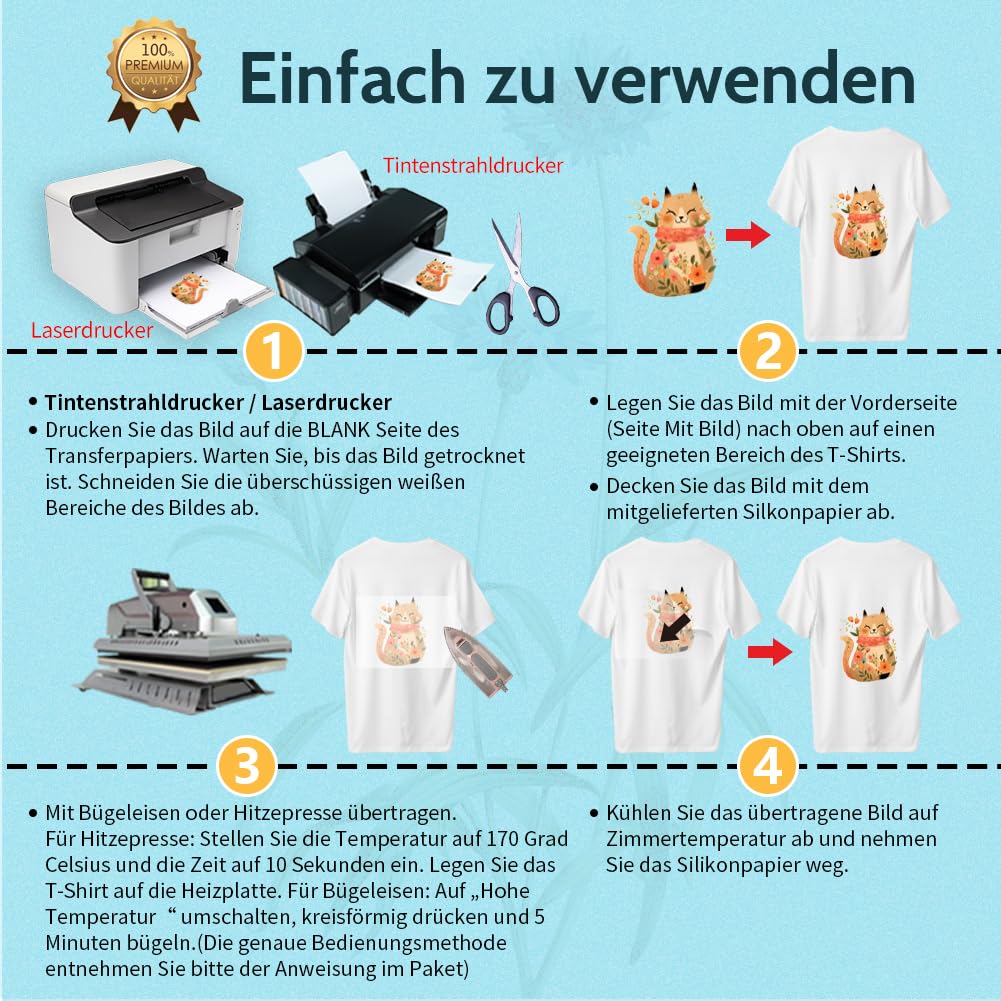 TransOurDream A4X10 Blatt+1 Silikonpapier,Echte Inkjet/Laser T-Shirt Transferpapier, Transferfolie Bügelfolie(durchscheinend Folie), für helle Textilien, Textilien Aufbügeln - Image 4