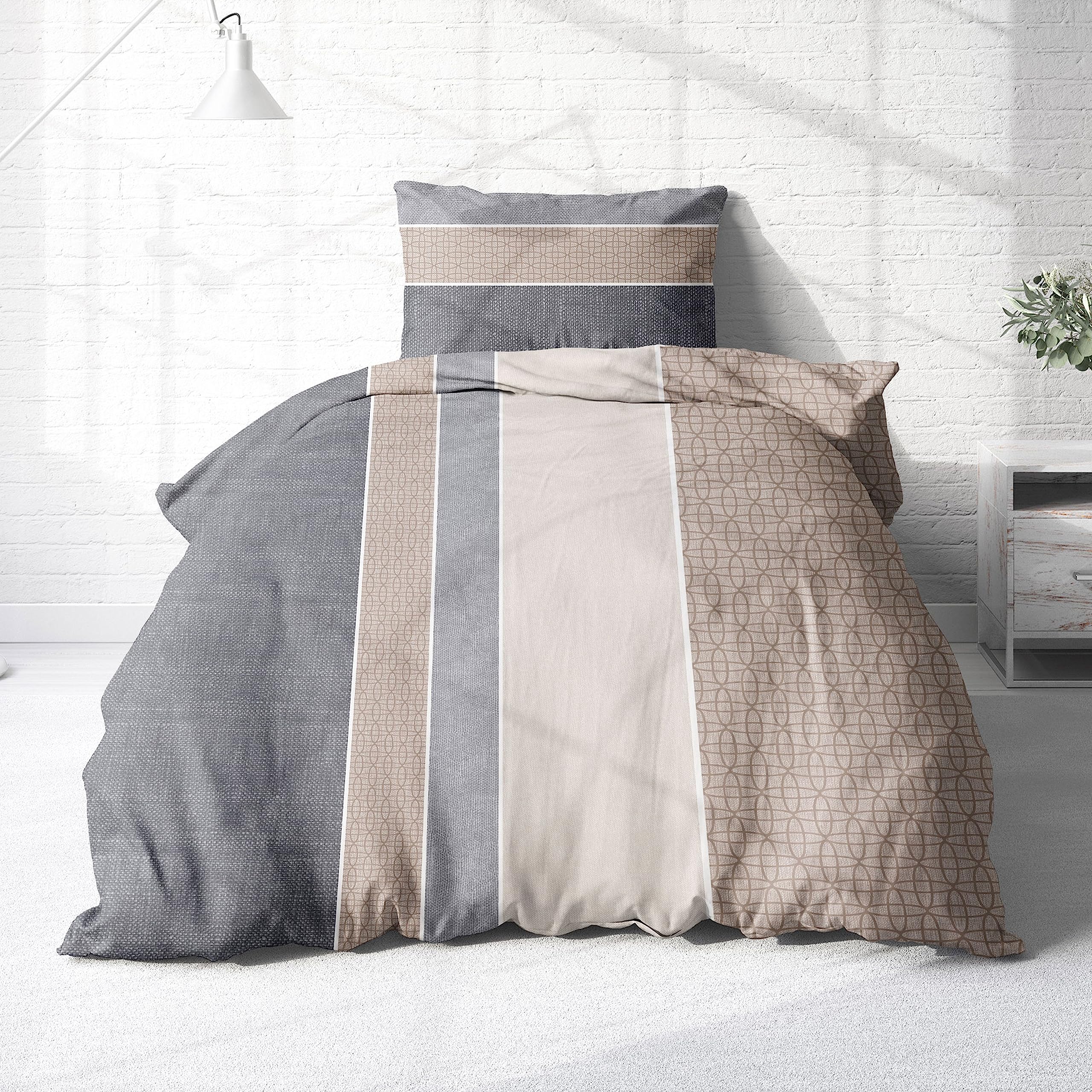 Träumschön Biber Bettwäsche 135x200 Baumwolle Beige Grau Muster - 100% Baumwoll Bettwäsche Grau Beige Braun - Kuschelige Bettwäsche gestreift - Image 4