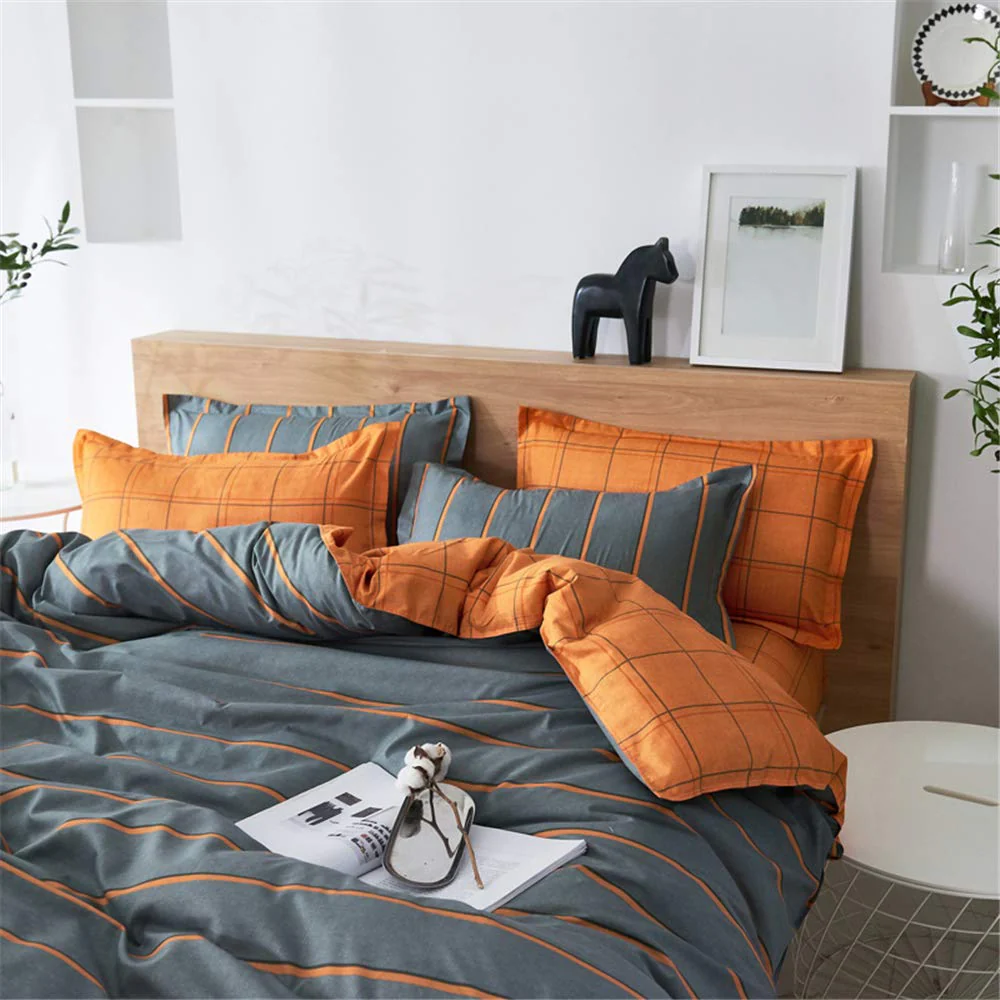 Treer Bettwäsche 180x220 cm 3 Teilig Mikrofaser, Bettwäsche-Sets mit 2 Kissenbezug 50x75 cm, Modern Streifen kariert Bettbezüge, Bettbezug für Doppelbett mit Reißverschluss, Orange/Grau - Image 2