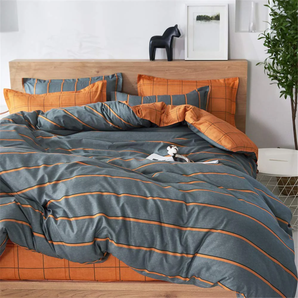 Treer Bettwäsche 180x220 cm 3 Teilig Mikrofaser, Bettwäsche-Sets mit 2 Kissenbezug 50x75 cm, Modern Streifen kariert Bettbezüge, Bettbezug für Doppelbett mit Reißverschluss, Orange/Grau - Image 3
