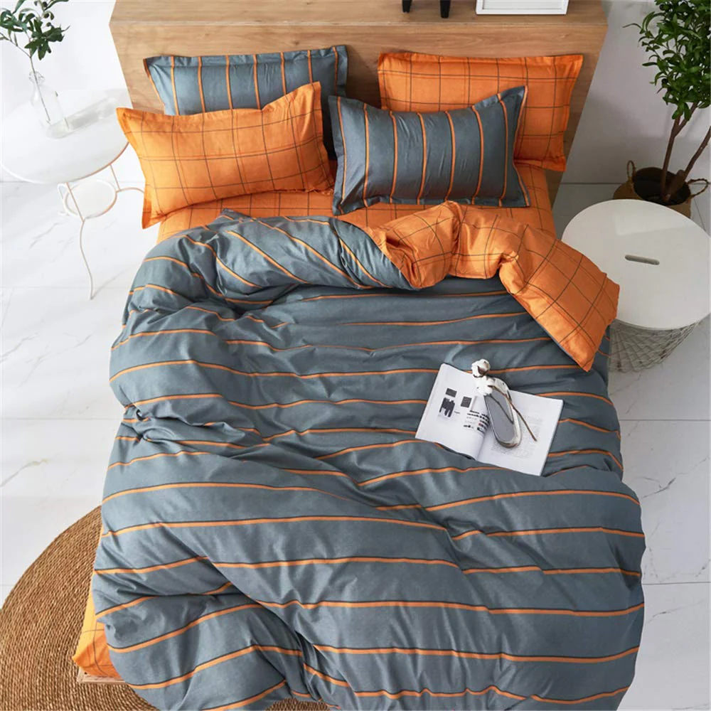 Treer Bettwäsche 180x220 cm 3 Teilig Mikrofaser, Bettwäsche-Sets mit 2 Kissenbezug 50x75 cm, Modern Streifen kariert Bettbezüge, Bettbezug für Doppelbett mit Reißverschluss, Orange/Grau - Image 4