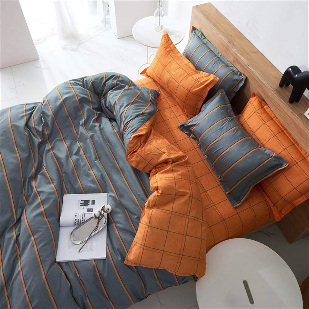 Treer Bettwäsche 180x220 cm 3 Teilig Mikrofaser, Bettwäsche-Sets mit 2 Kissenbezug 50x75 cm, Modern Streifen kariert Bettbezüge, Bettbezug für Doppelbett mit Reißverschluss, Orange/Grau - Image 5