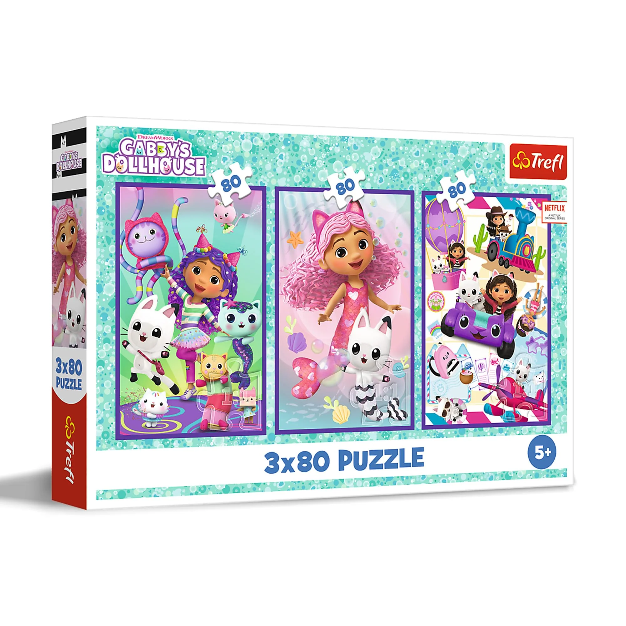 Trefl – 3in1 Puzzle: Gabby's Dollhouse, Gabbys Bunte Tage - 3 x 80 Teile, 3er-Puzzle-Set für Kinder ab 5 Jahren