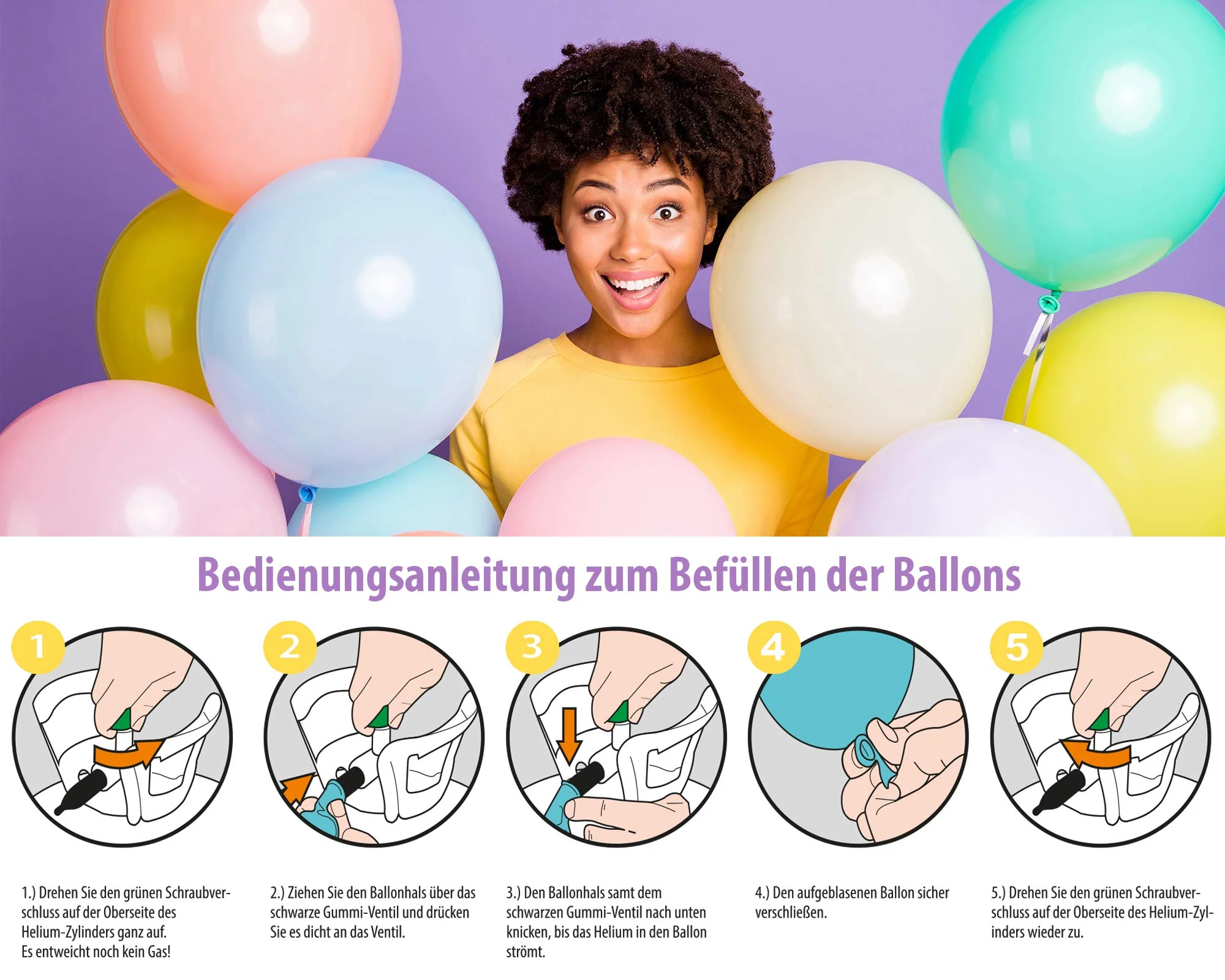 Trendario Ballongas Helium Für bis zu 50 Luftballons / XXL Einweg Heliumbehälter inkl. 50 Latexballons und Ballonband für leichtes befüllen Von Ballons - Image 6