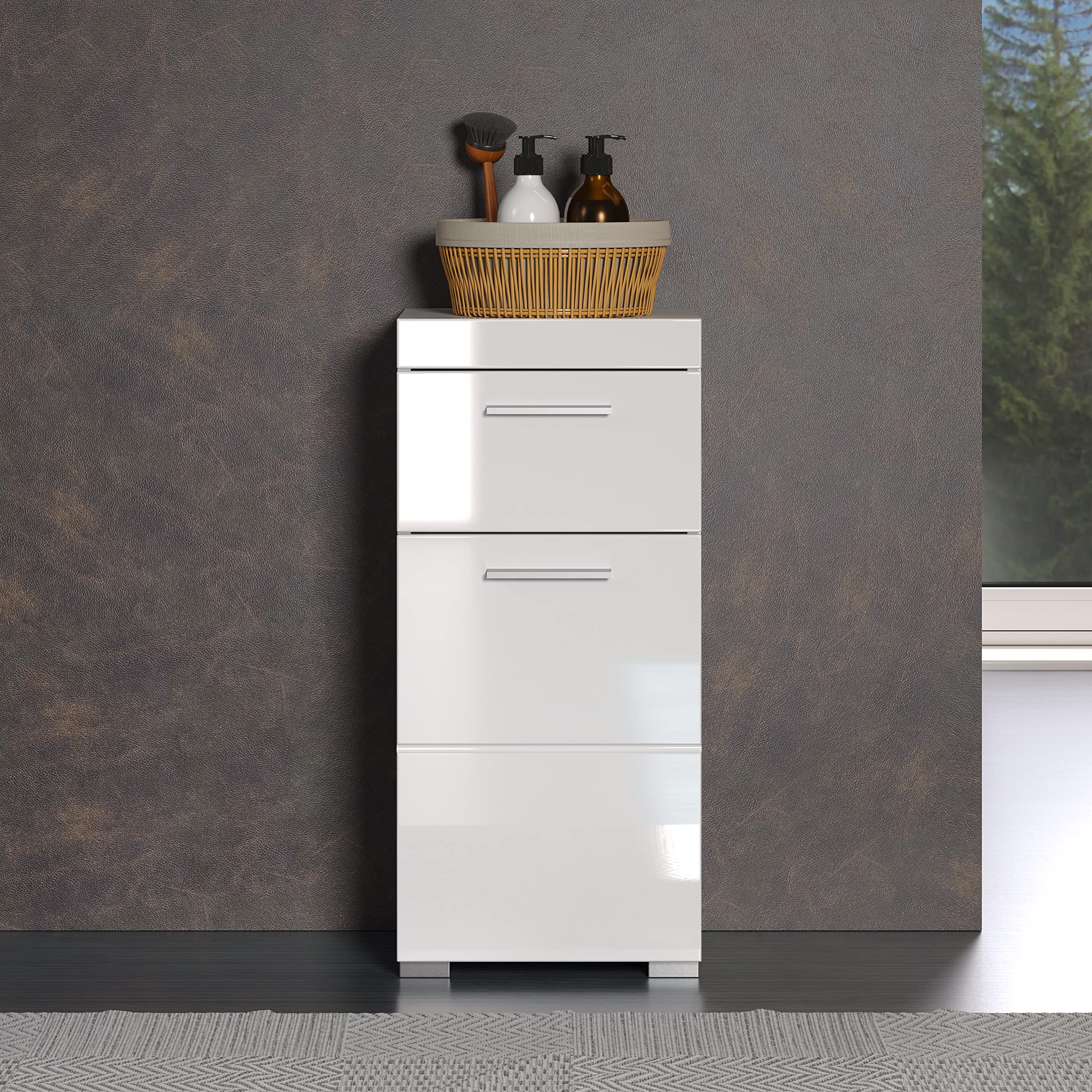 trendteam smart living - Amanda - Kommode - Weiß Hochglanz - Standschrank - (BxHxT) 37 x 79 x 31 cm - Badschrank mit 1 Tür und 1 Schublade - silberfarbene Griffe - universal einsetzbar - Image 11