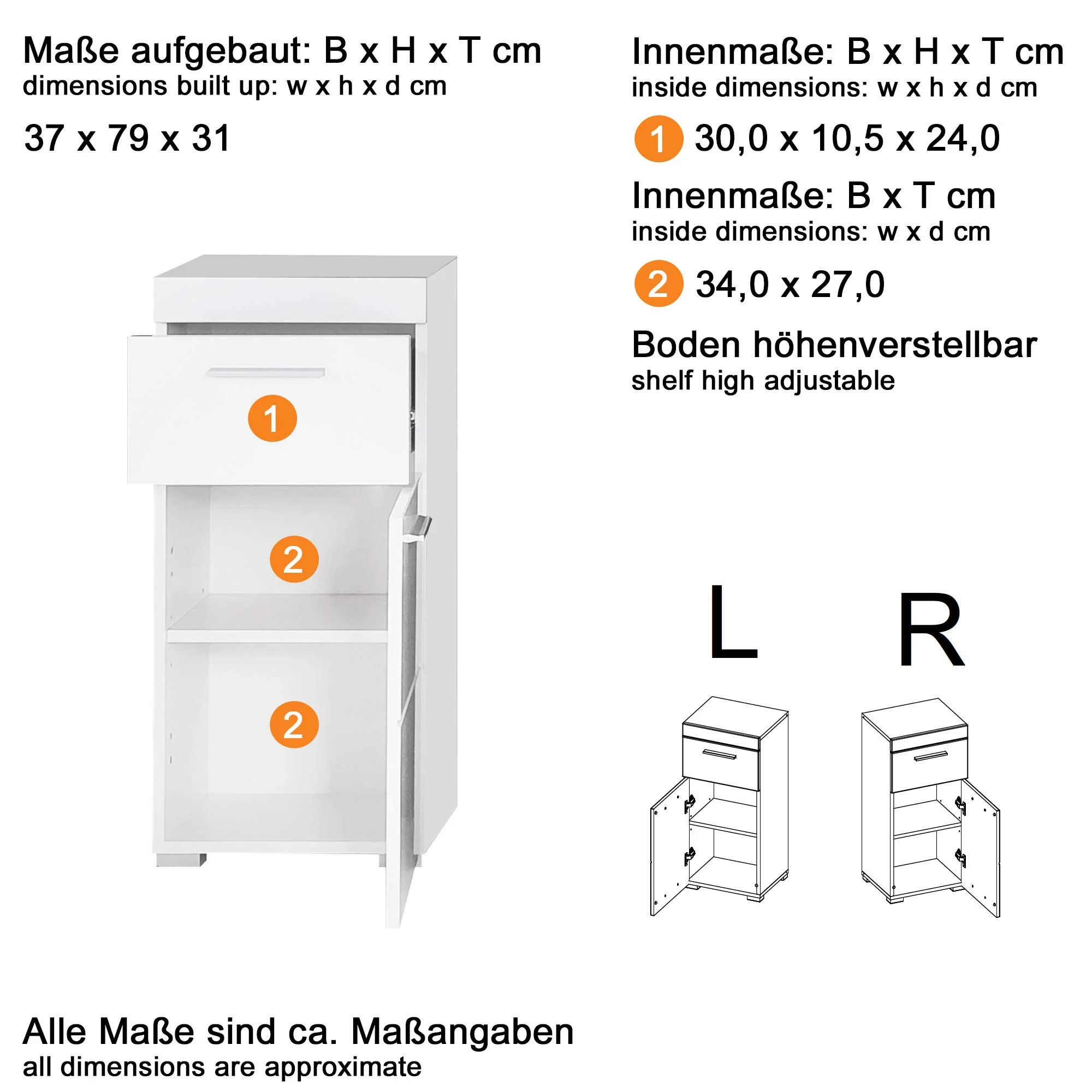 trendteam smart living - Amanda - Kommode - Weiß Hochglanz - Standschrank - (BxHxT) 37 x 79 x 31 cm - Badschrank mit 1 Tür und 1 Schublade - silberfarbene Griffe - universal einsetzbar - Image 6