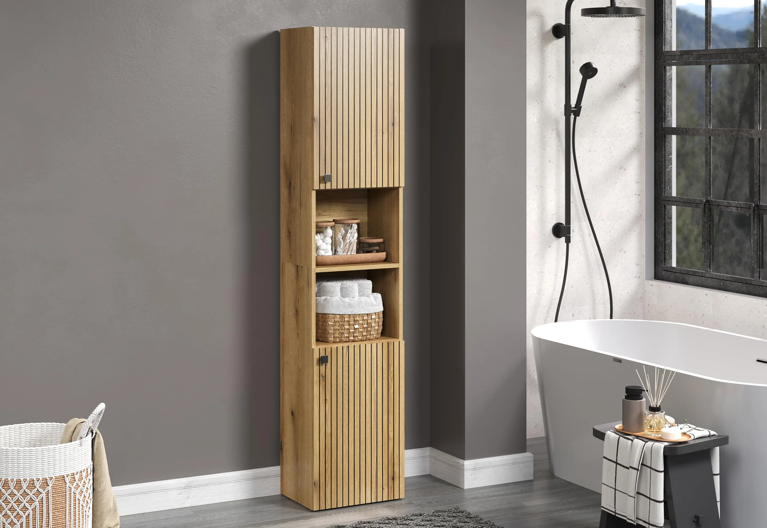 trendteam smart living - Hochschrank Schrank - Badezimmer - PureBliss - Aufbaumaß (BxHxT) 40 x 186 x 31 cm - Farbe Evoke Eiche mit schwarzen Rillen - 233710142 - Image 7