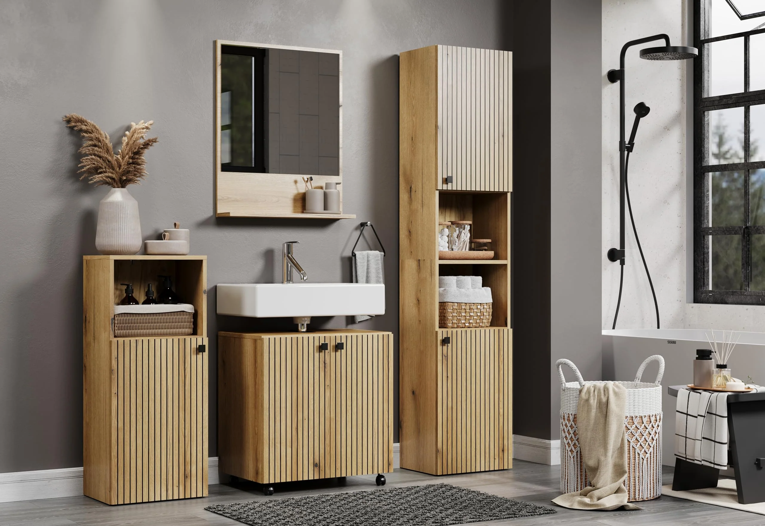 trendteam smart living - Waschbeckenunterschrank Unterschrank auf Rollen - Badezimmer - PureBliss - Aufbaumaß (BxHxT) 60 x 64 x 42 cm - Farbe Evoke Eiche mit schwarzen Rillen - 233730342 - Image 7