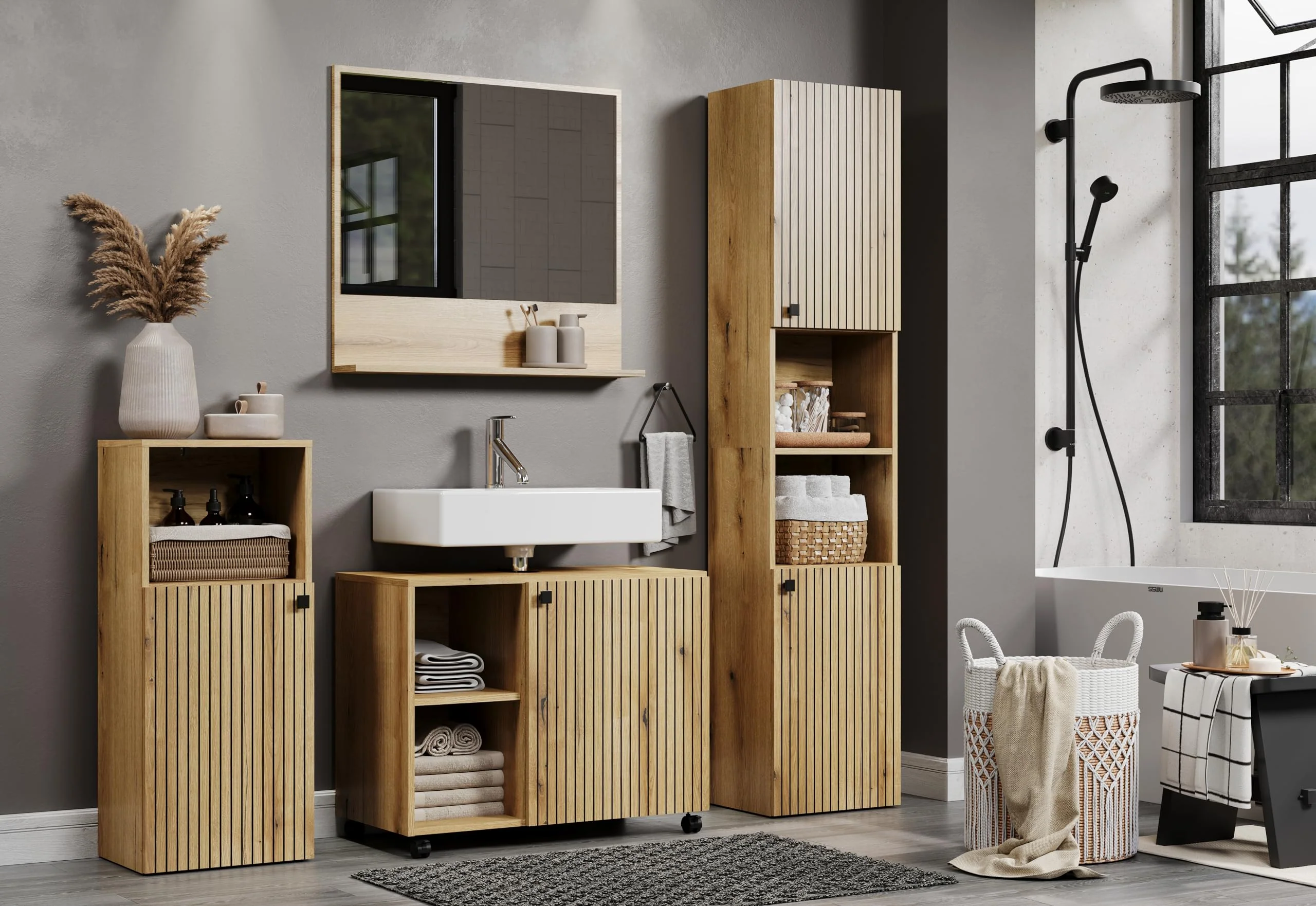 trendteam smart living - Waschbeckenunterschrank Unterschrank auf Rollen - Badezimmer - PureBliss - Aufbaumaß (BxHxT) 80 x 64 x 42 cm - Farbe Evoke Eiche mit schwarzen Rillen - 233730142 - Image 5
