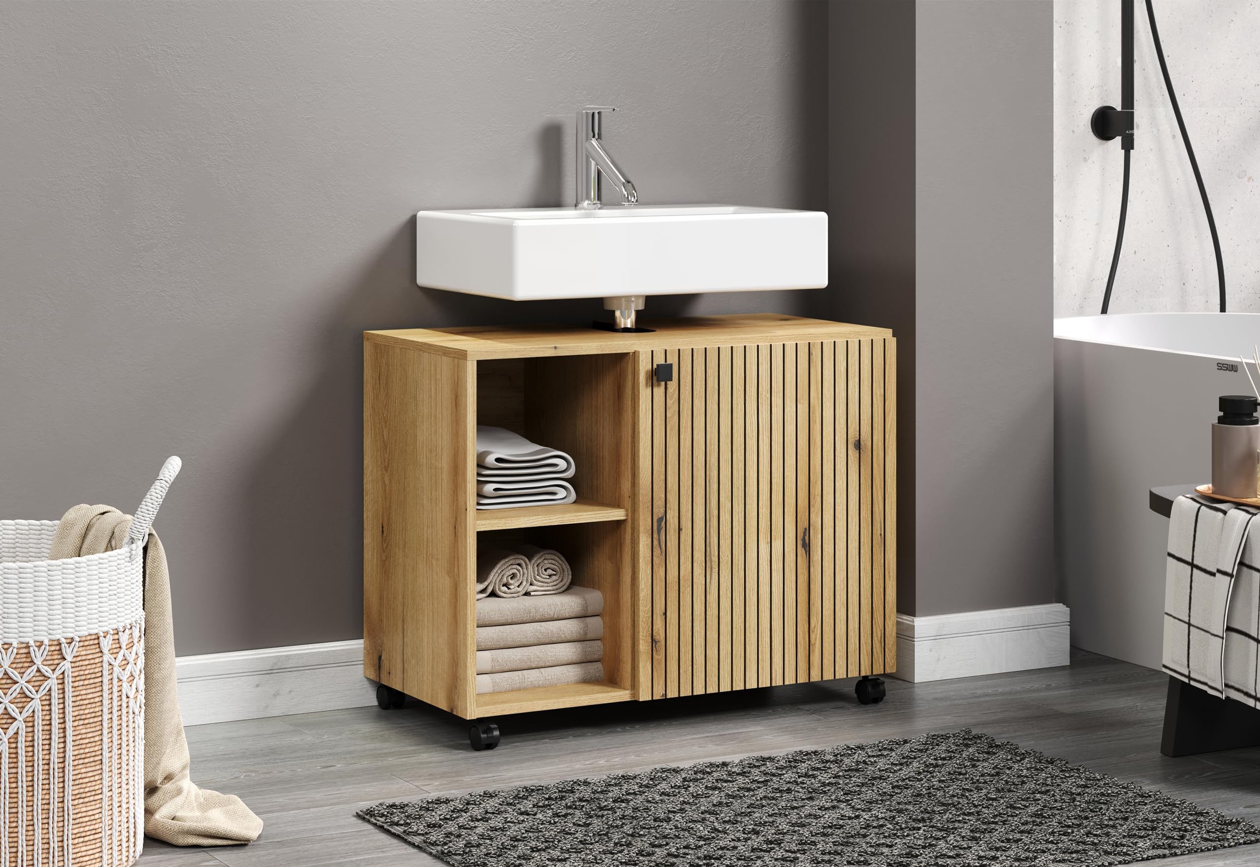 trendteam smart living - Waschbeckenunterschrank Unterschrank auf Rollen - Badezimmer - PureBliss - Aufbaumaß (BxHxT) 80 x 64 x 42 cm - Farbe Evoke Eiche mit schwarzen Rillen - 233730142 - Image 6