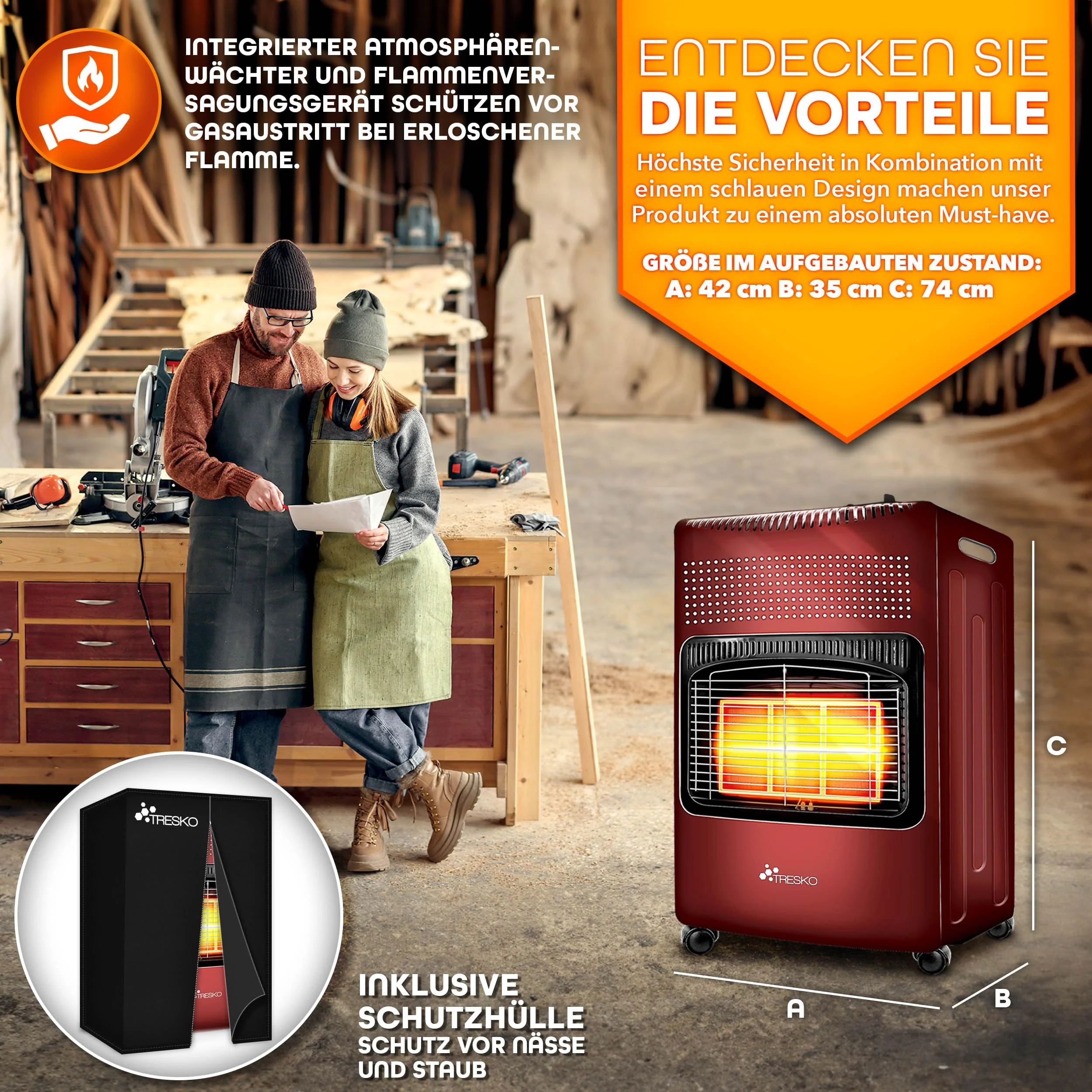 TRESKO 4200 Watt Gasheizung inkl. Gasdruckregler Gasschlauch + Abdeckung | Gasheizer Gasofen Gasheizofen mit 3 Stufen | Infrarot Gasheizgerät, Strahlend (Rot) - Image 2