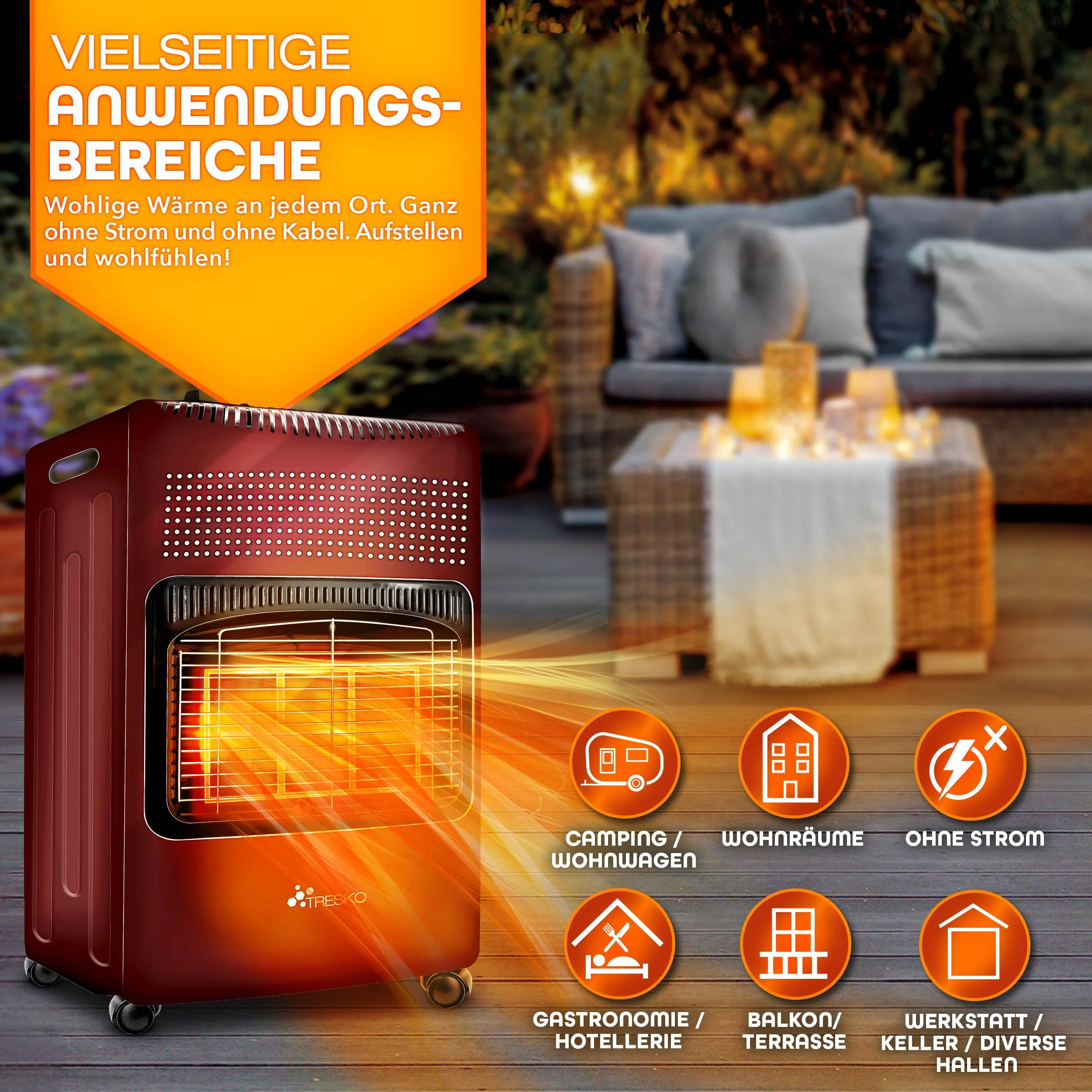 TRESKO 4200 Watt Gasheizung inkl. Gasdruckregler Gasschlauch + Abdeckung | Gasheizer Gasofen Gasheizofen mit 3 Stufen | Infrarot Gasheizgerät, Strahlend (Rot) - Image 4