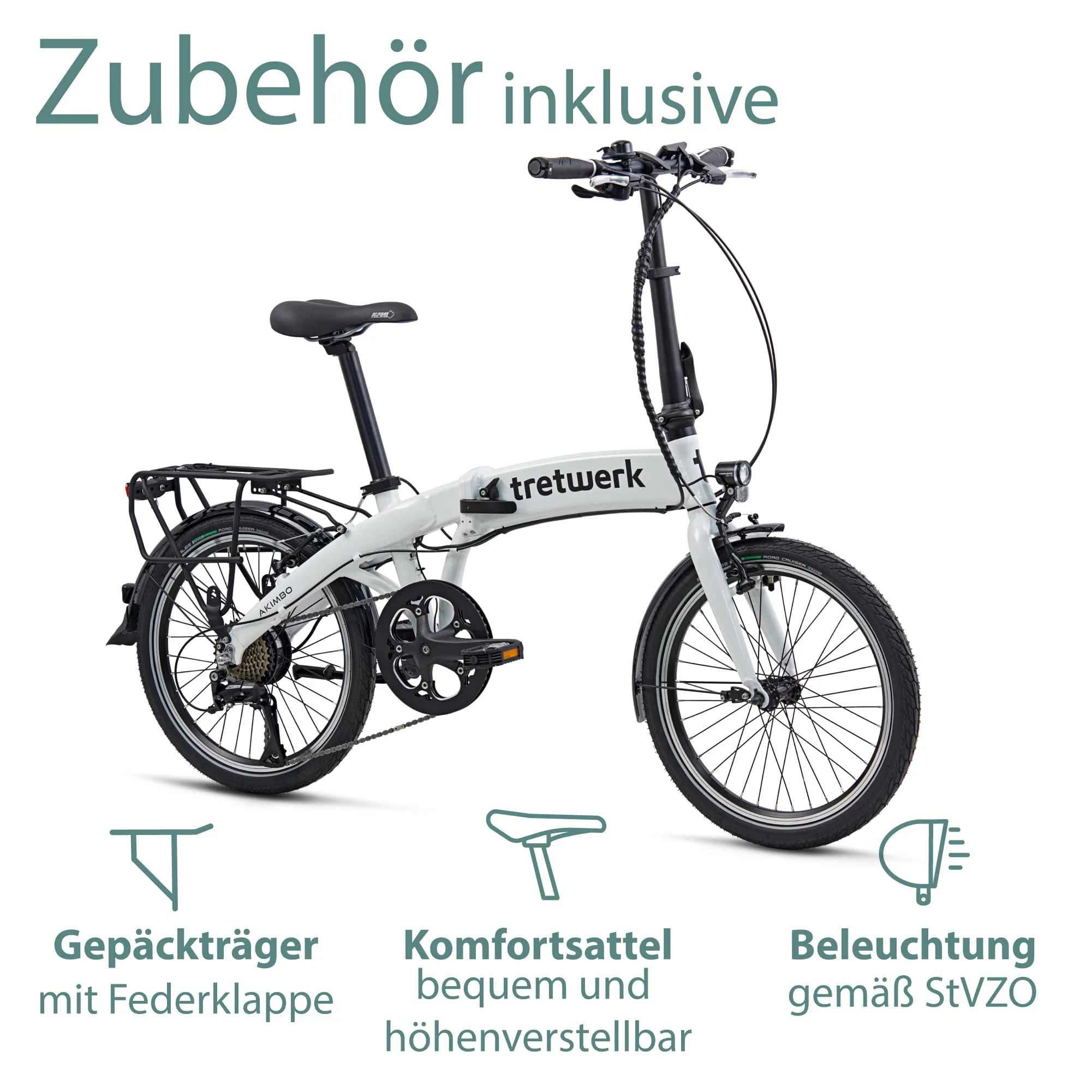 TRETWERK 20 Zoll E-Bike Klapprad - Akimbo - Faltrad Pedelec mit 8 Gang Kettenschaltung - klappbares Elektrofahrrad mit Heckmotor 50Nm - - weiß - Image 3