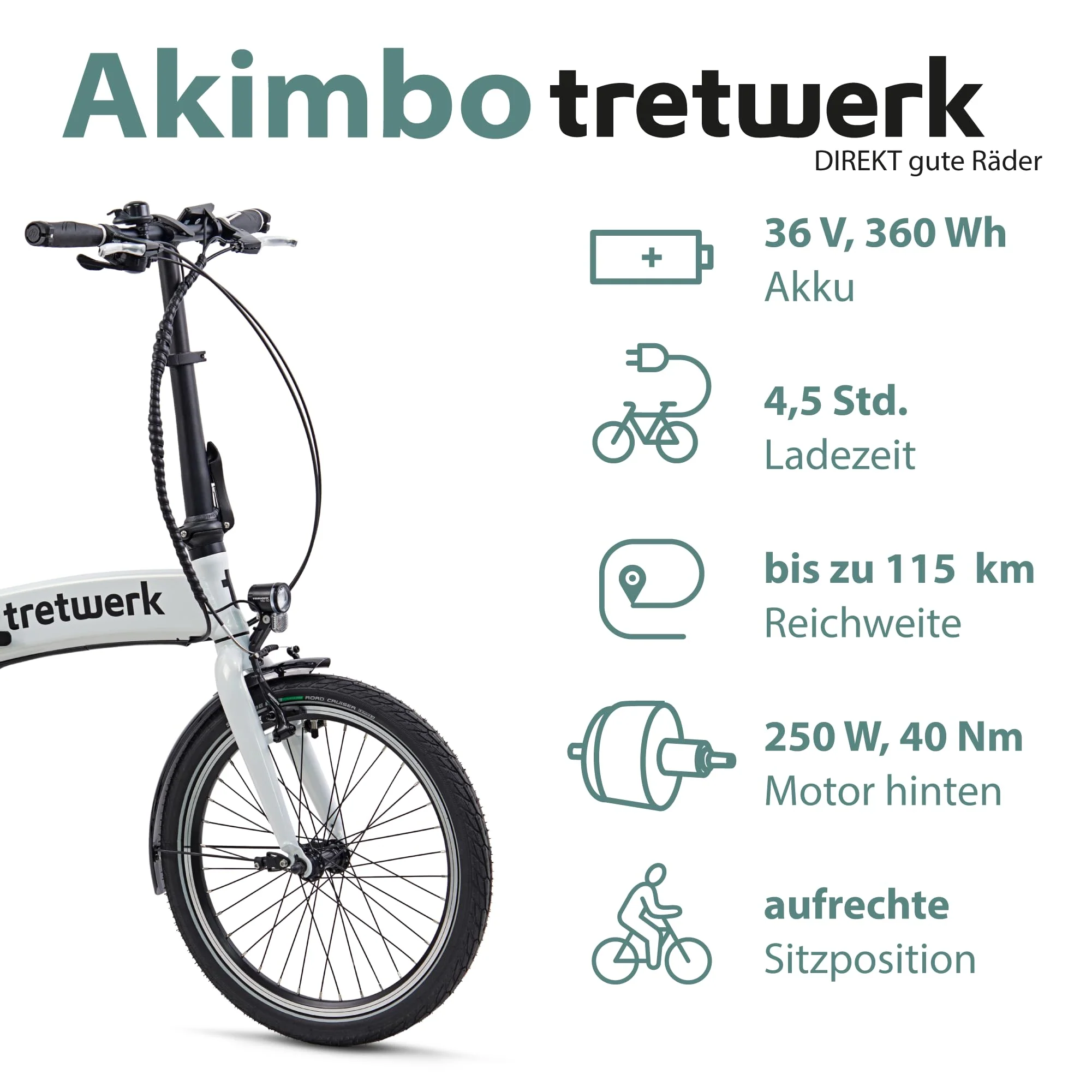 TRETWERK 20 Zoll E-Bike Klapprad - Akimbo - Faltrad Pedelec mit 8 Gang Kettenschaltung - klappbares Elektrofahrrad mit Heckmotor 50Nm - - weiß - Image 7