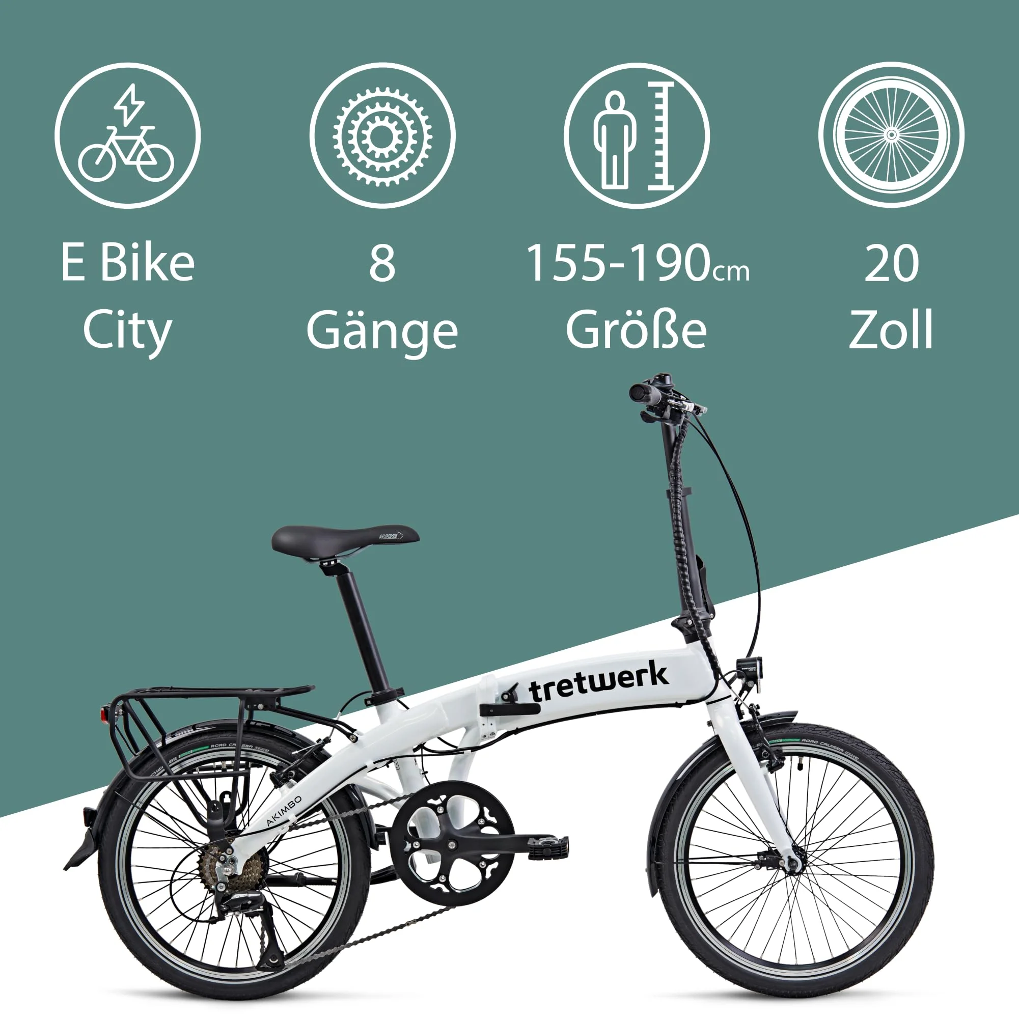 TRETWERK 20 Zoll E-Bike Klapprad - Akimbo - Faltrad Pedelec mit 8 Gang Kettenschaltung - klappbares Elektrofahrrad mit Heckmotor 50Nm - - weiß - Image 8