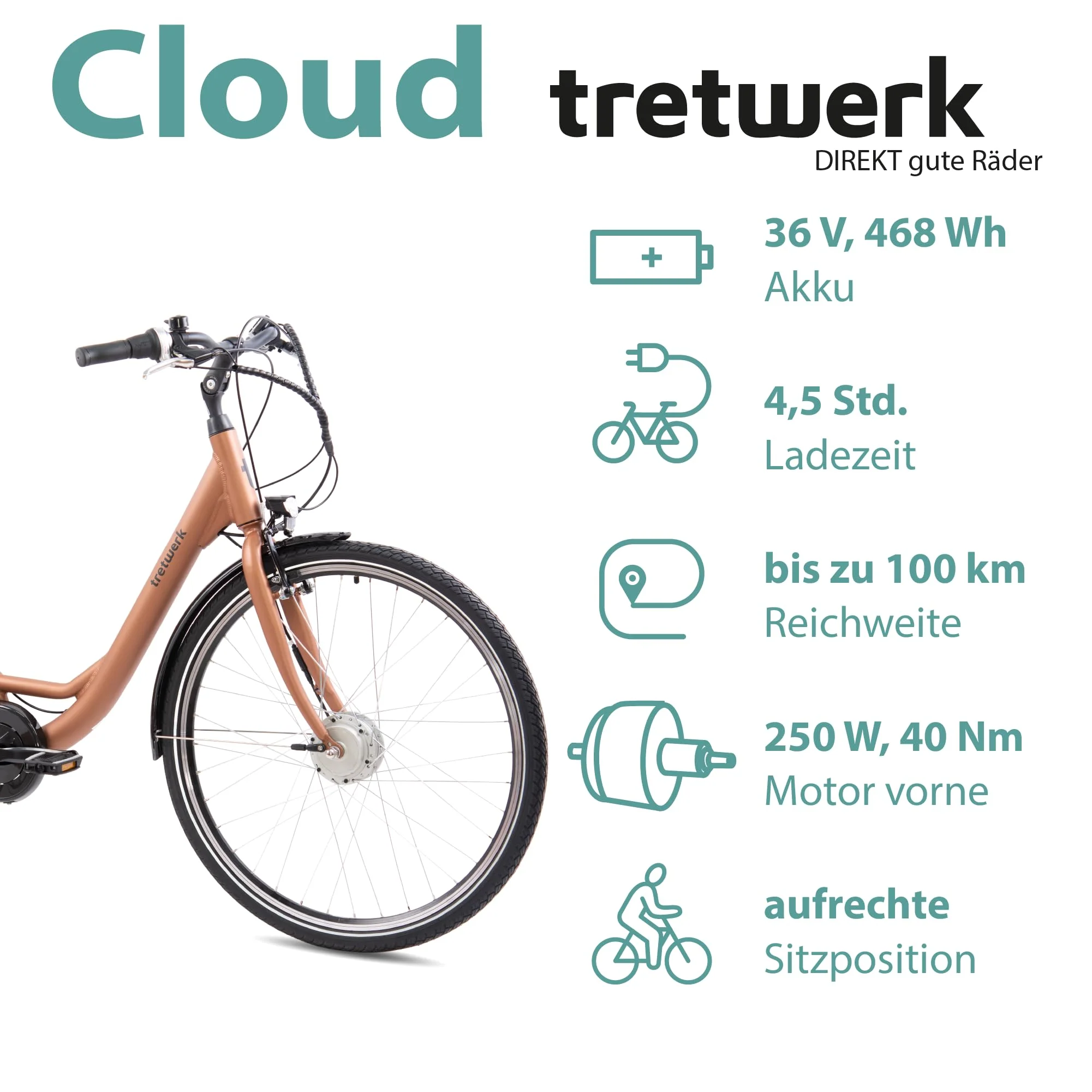 TRETWERK 28 Zoll E-Bike Cloud Mars Metal - E-Citybike Damen Fahrrad mit 7 Gang Nabenschaltung - Elektrofahrrad mit Frontmotor 250W, 36V - Image 6