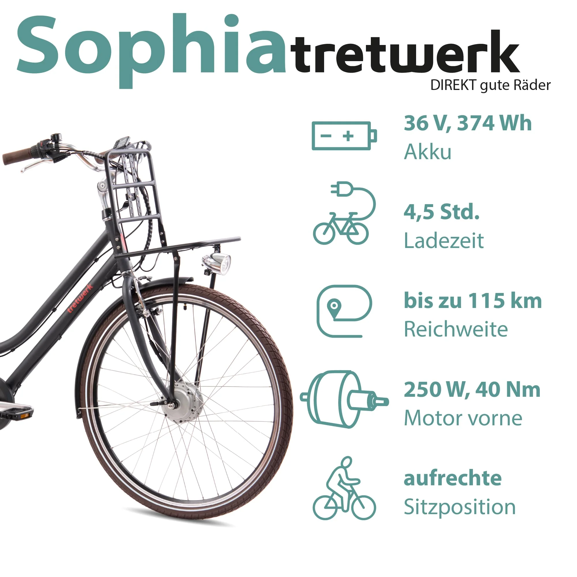 TRETWERK - 28 Zoll E-Bike Damen Pedelec - Sophia schwarz - E-Citybike Damenfahrrad mit 3 Gang Shimano Nexus Nabenschaltung - Elektrofahrrad mit Frontmotor 250W, 36V - Image 6