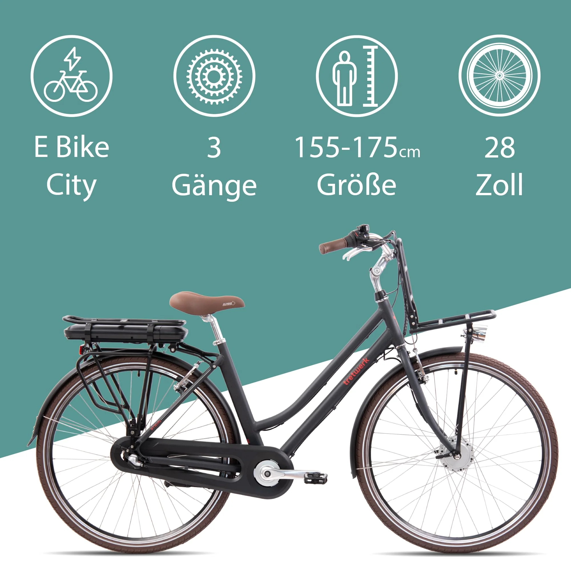 TRETWERK - 28 Zoll E-Bike Damen Pedelec - Sophia schwarz - E-Citybike Damenfahrrad mit 3 Gang Shimano Nexus Nabenschaltung - Elektrofahrrad mit Frontmotor 250W, 36V - Image 7