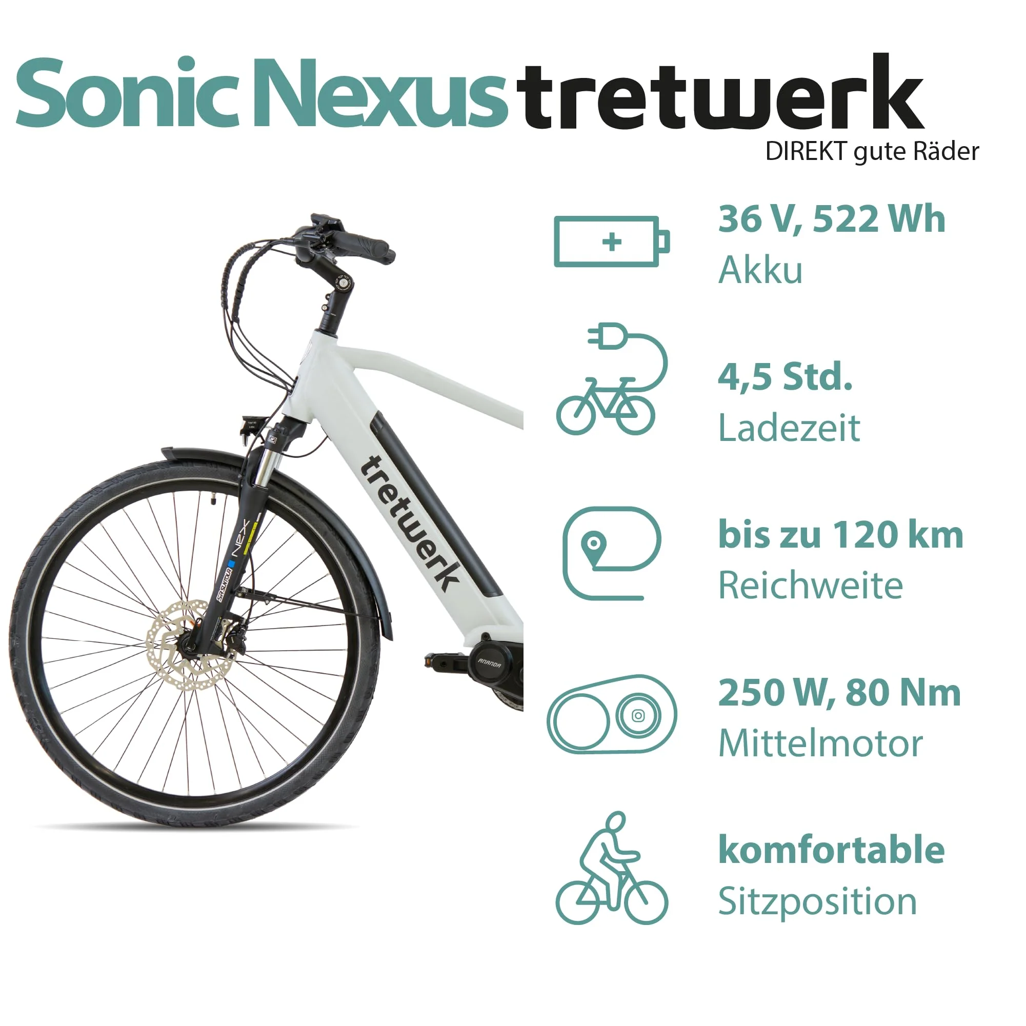 TRETWERK 28 Zoll E-Bike Herren Cityrad - Sonic Nexus - Pedelec Herrenfahrrad mit 7 Gang Nabenschaltung -Elektrofahrrad mit Mittelmotor - weiß 50cm - Image 6