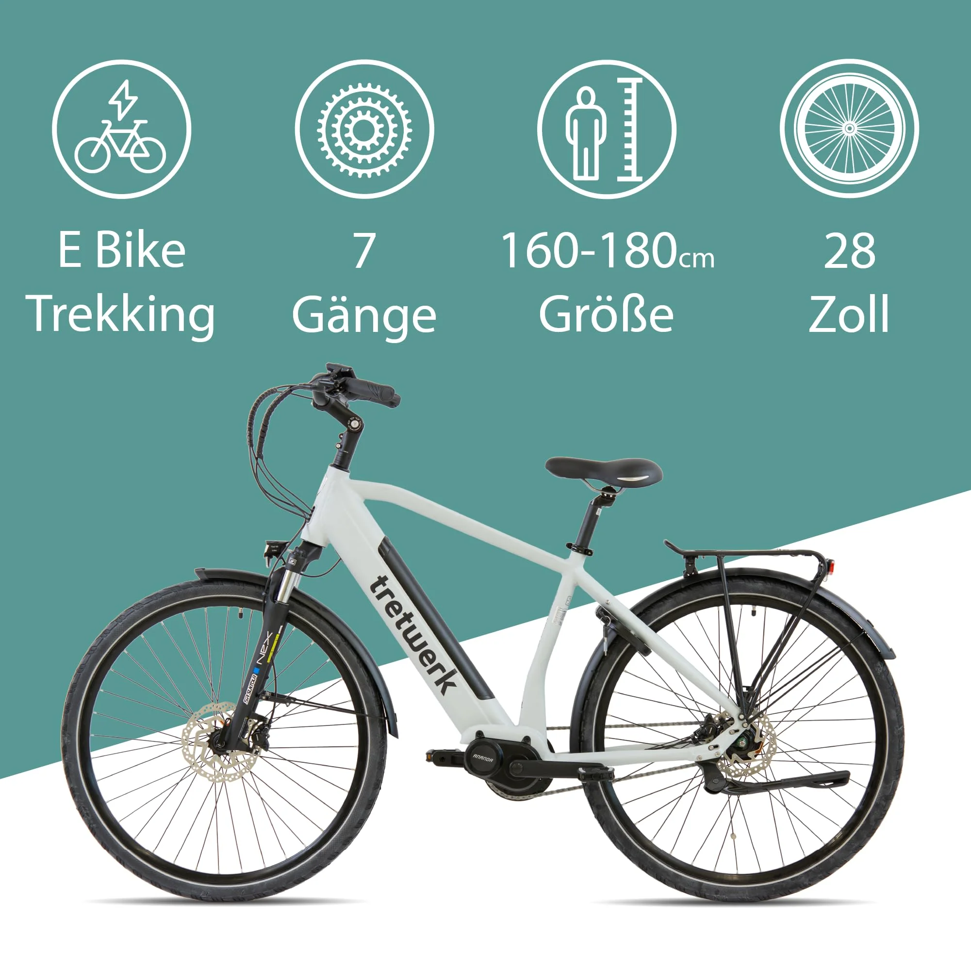 TRETWERK 28 Zoll E-Bike Herren Cityrad - Sonic Nexus - Pedelec Herrenfahrrad mit 7 Gang Nabenschaltung -Elektrofahrrad mit Mittelmotor - weiß 50cm - Image 7