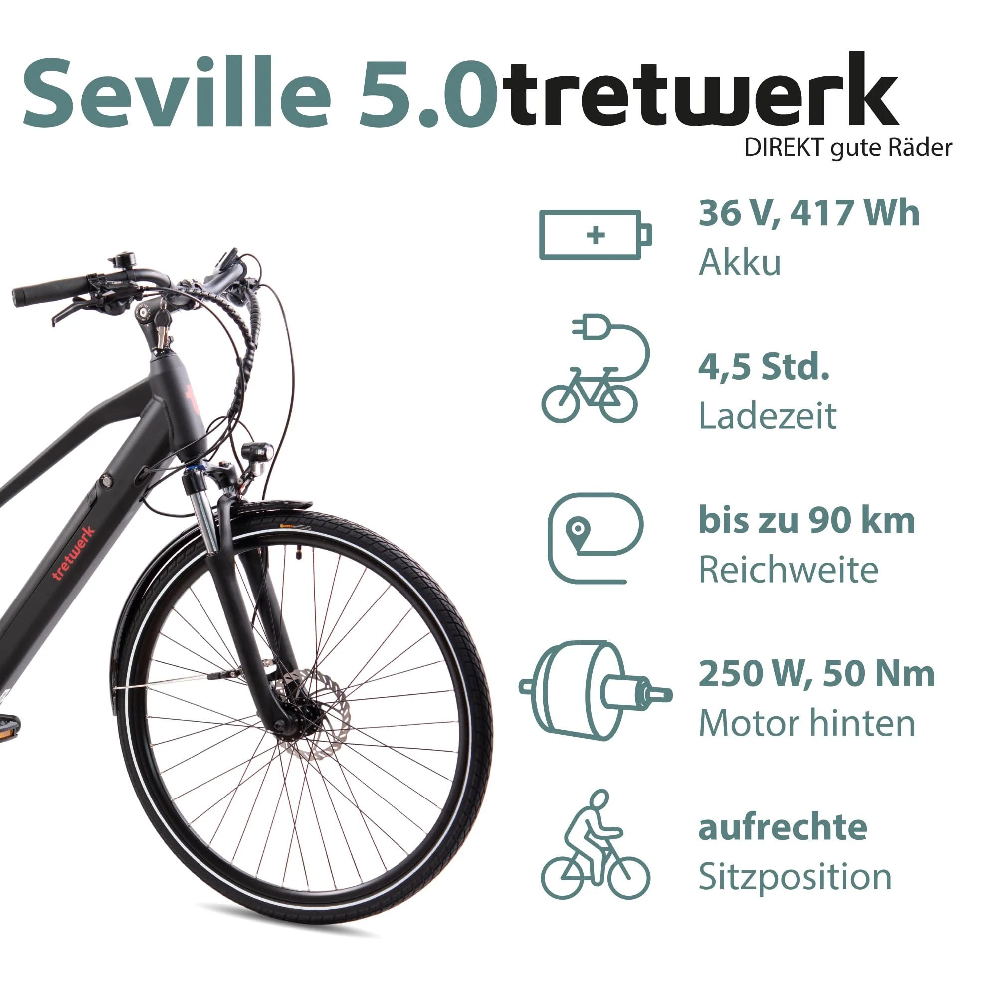 TRETWERK 28 Zoll E-Bike Seville 5.0 schwarz- Trekkingbike Damenfahrrad mit 24 Gang Kettenschaltung - Elektrofahrrad mit Heckmotor 250W, 36V - Image 6