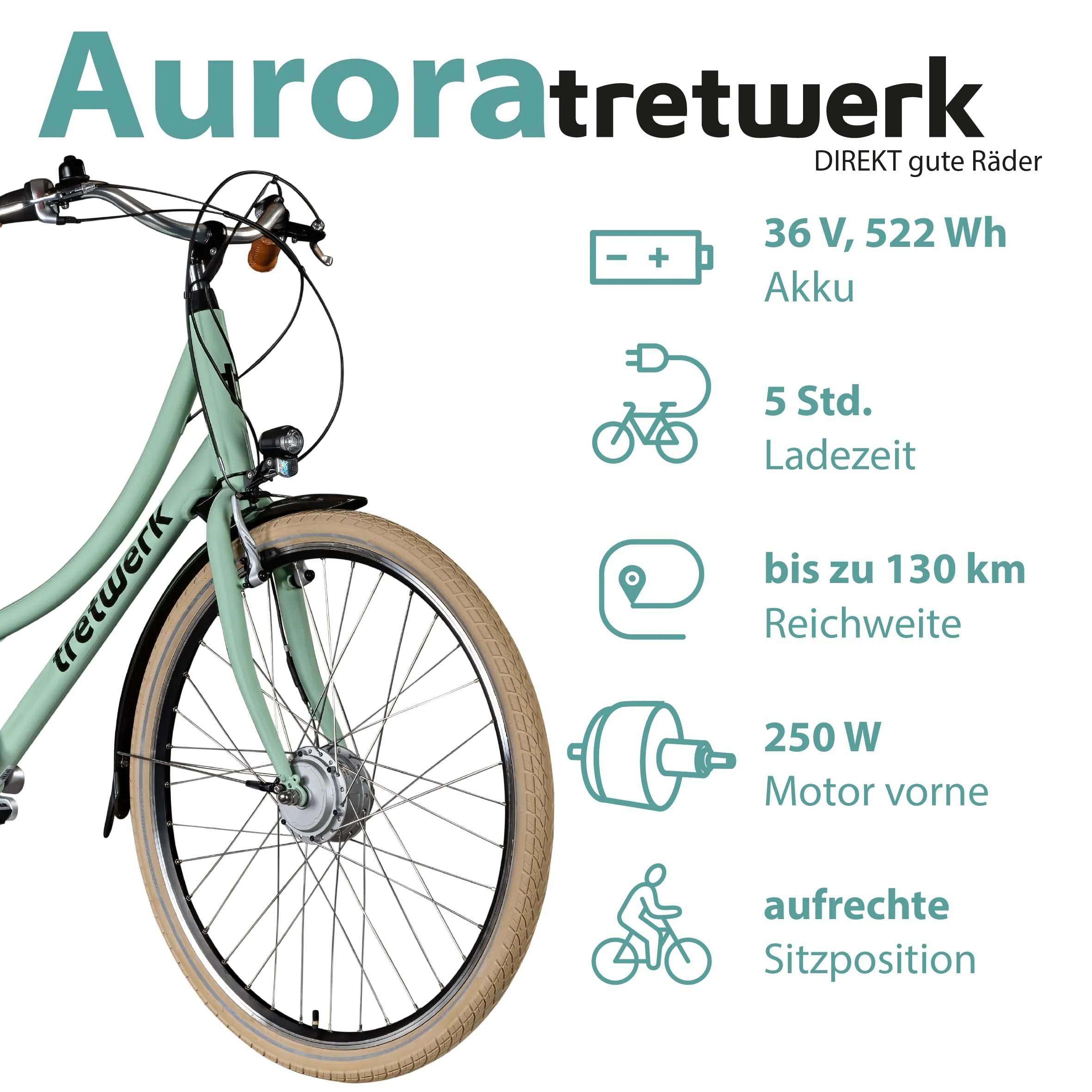Tretwerk Aurora E Bike 28 Zoll Pedelec Damen Herren 155-185 cm Elektrofahrrad 522 Wh E Fahrrad Damenfahrrad 7 Gang (hellgrün, 50 cm) - Image 7