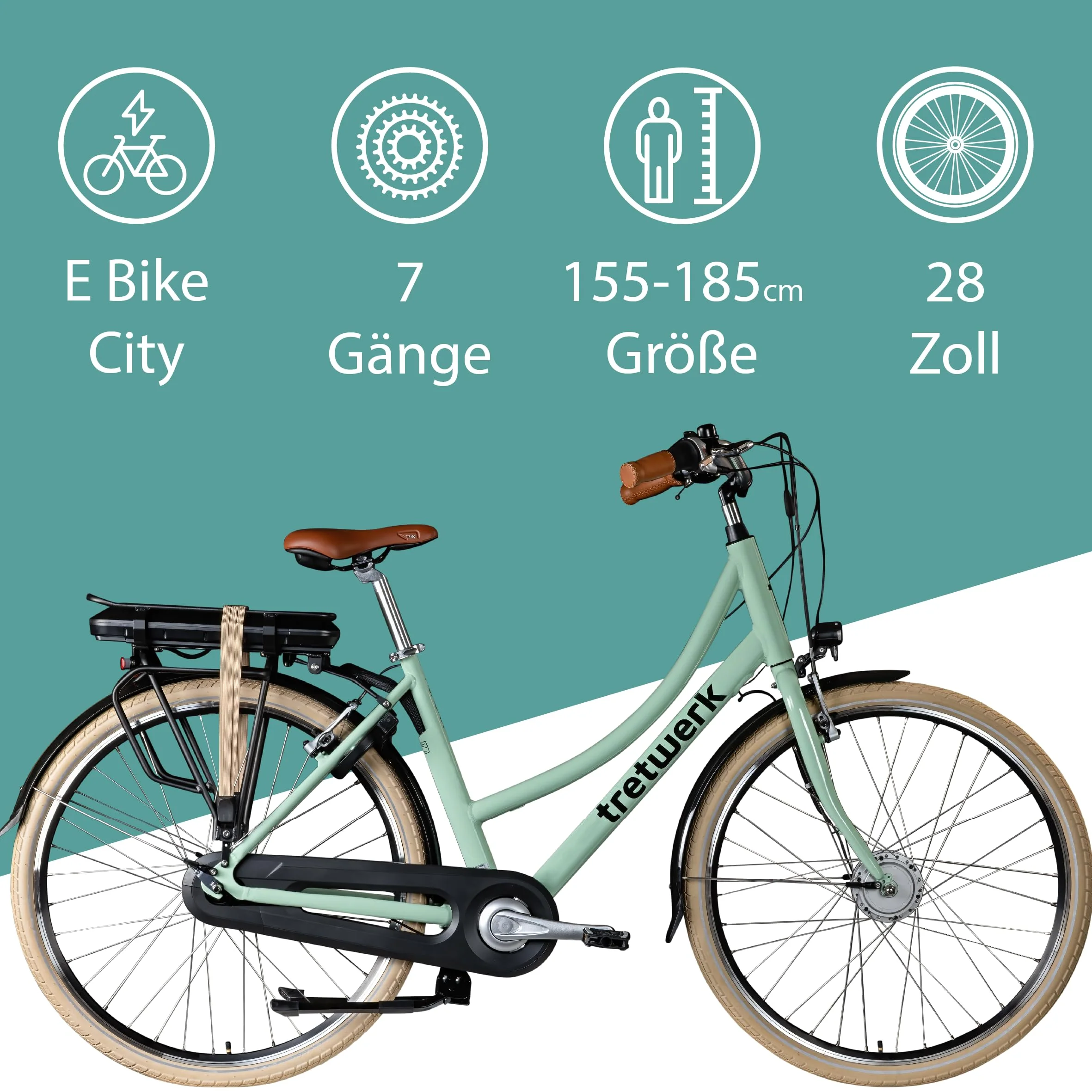 Tretwerk Aurora E Bike 28 Zoll Pedelec Damen Herren 155-185 cm Elektrofahrrad 522 Wh E Fahrrad Damenfahrrad 7 Gang (hellgrün, 50 cm) - Image 8