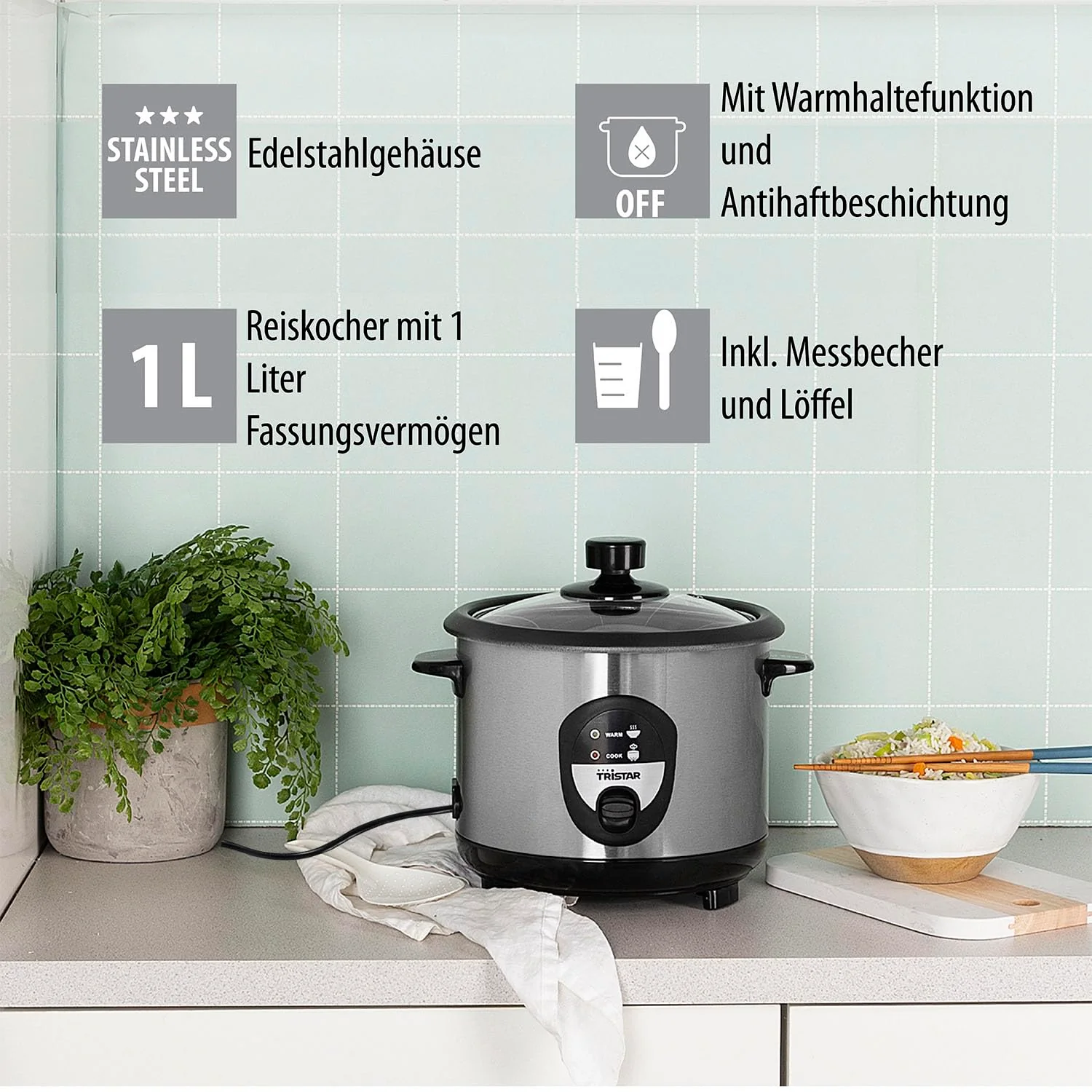 Tristar RK-6126 Reiskocher, 1L, Reis für bis zu 5 Personen ohne Anbrennen, Mit Warmhaltefunktion, 400W, Edelstahl - Image 4