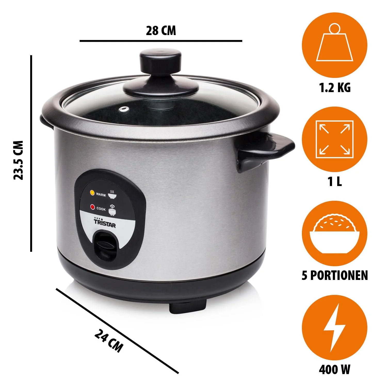 Tristar RK-6126 Reiskocher, 1L, Reis für bis zu 5 Personen ohne Anbrennen, Mit Warmhaltefunktion, 400W, Edelstahl - Image 7