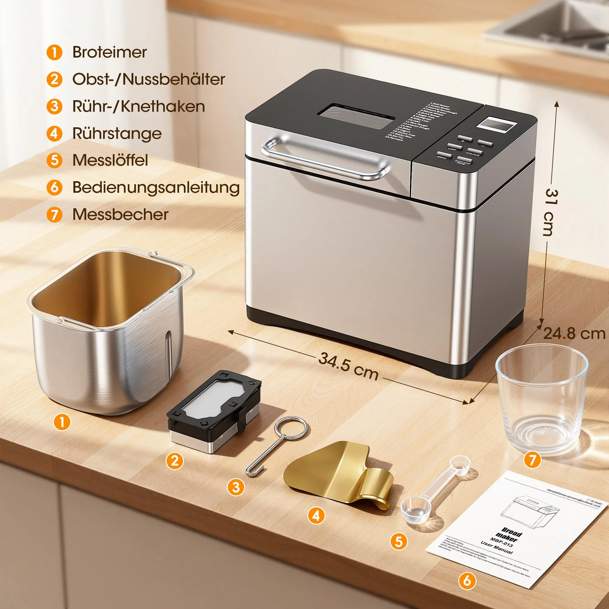 Triumphkey Brotbackautomat mit 19 Programmen & 1000g Fassungsvermögen – Vollautomatische Brotbackmaschine mit 3 Bräunungsstufen, Timer, 710W, Edelstahl-Optik inkl. Sichtfenster & Rezeptbuch - Image 3
