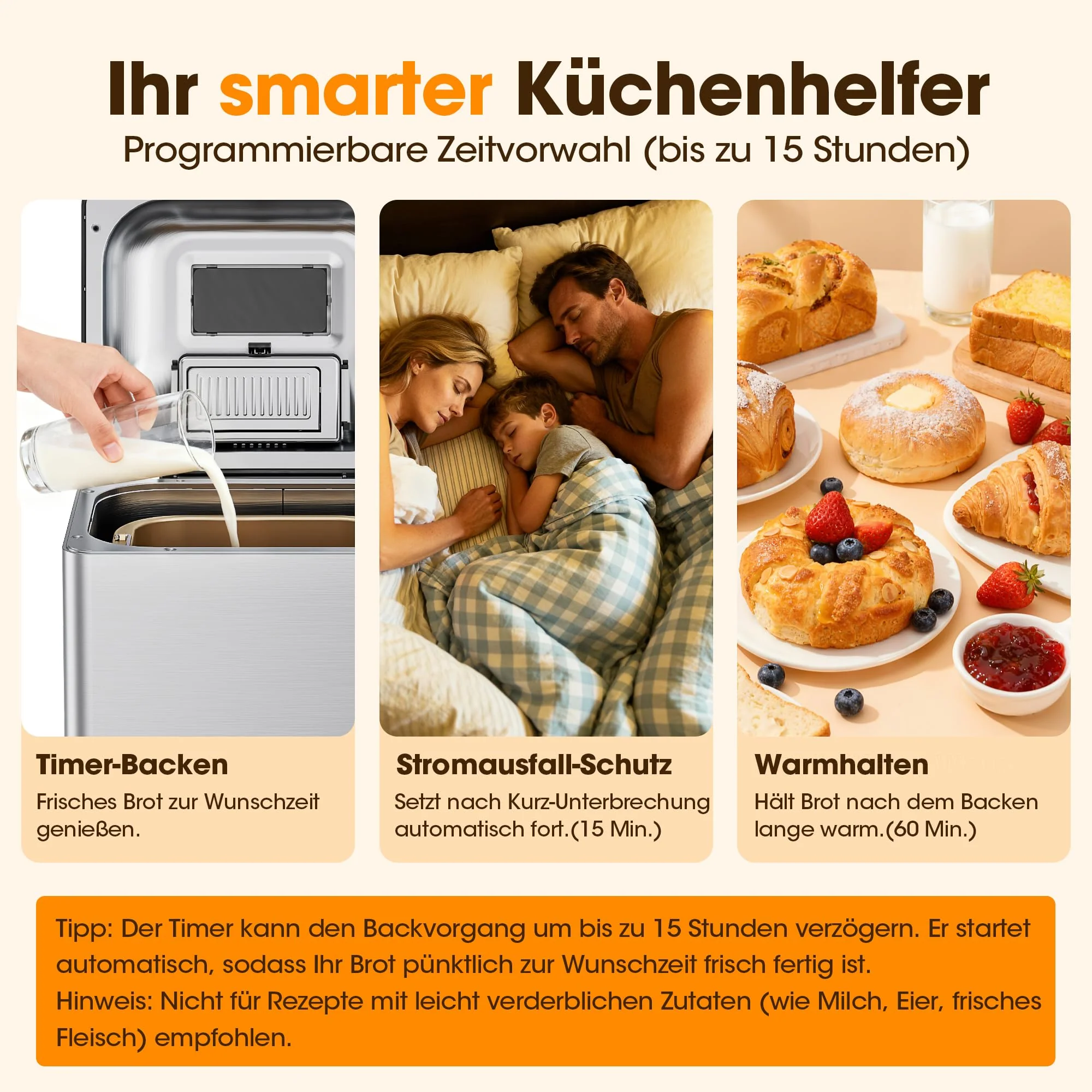 Triumphkey Brotbackautomat mit 19 Programmen & 1000g Fassungsvermögen – Vollautomatische Brotbackmaschine mit 3 Bräunungsstufen, Timer, 710W, Edelstahl-Optik inkl. Sichtfenster & Rezeptbuch - Image 5
