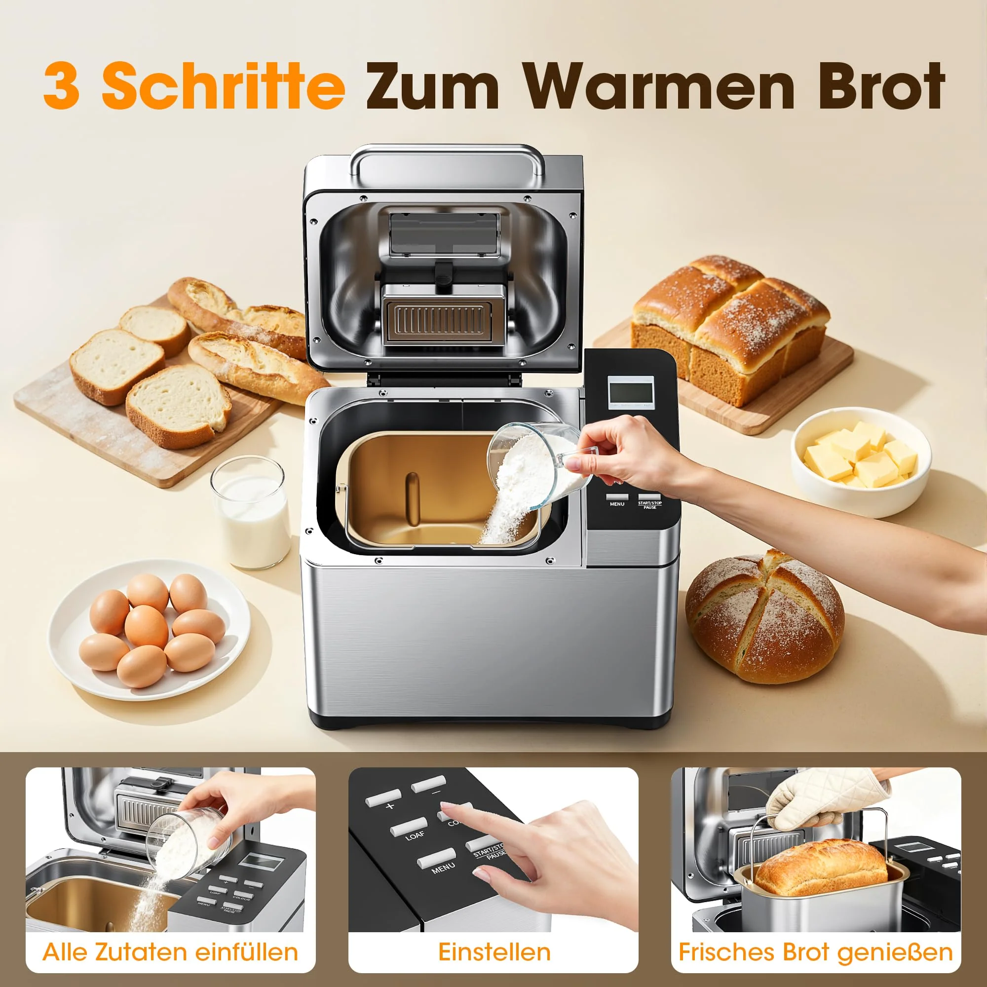 Triumphkey Brotbackautomat mit 19 Programmen & 1000g Fassungsvermögen – Vollautomatische Brotbackmaschine mit 3 Bräunungsstufen, Timer, 710W, Edelstahl-Optik inkl. Sichtfenster & Rezeptbuch - Image 6