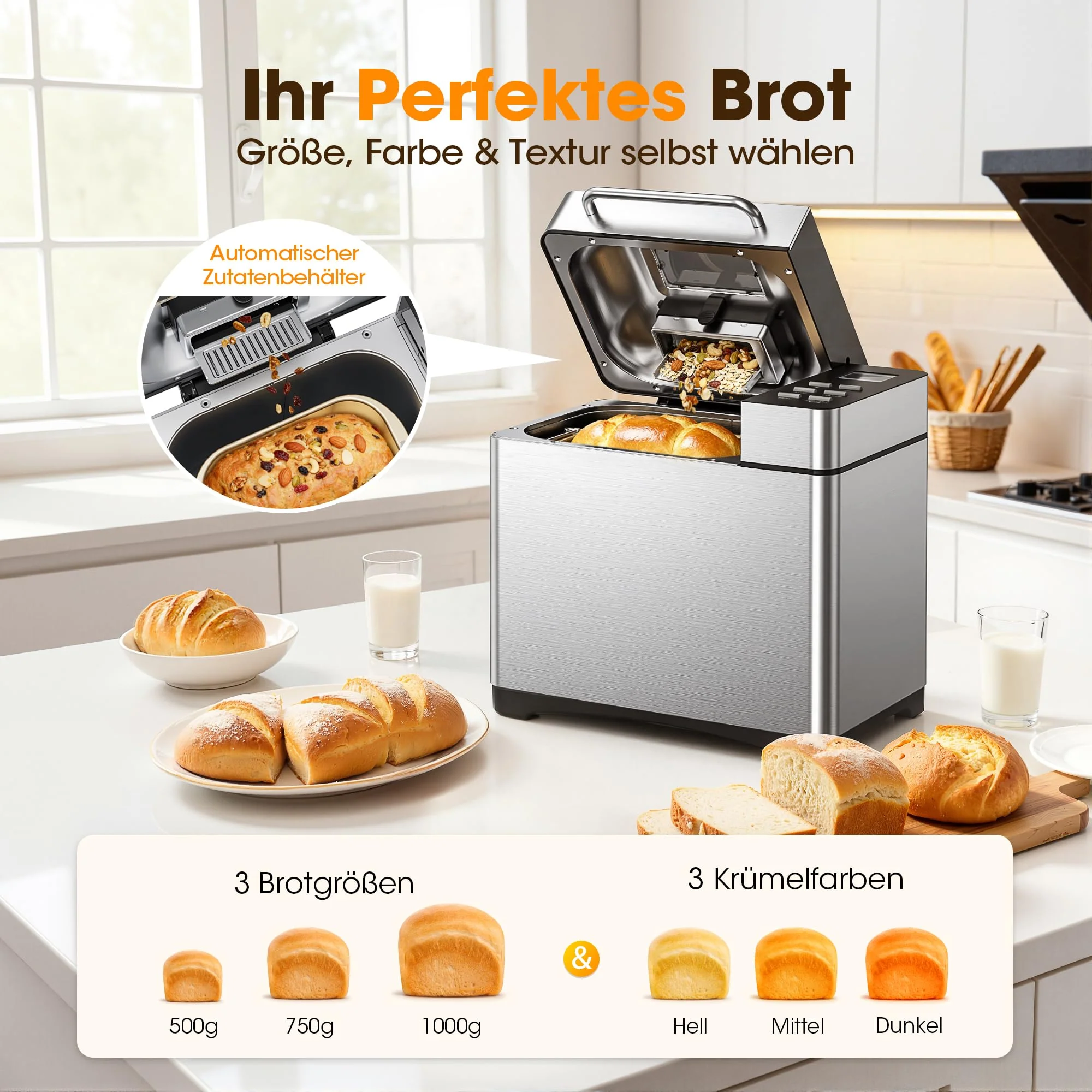 Triumphkey Brotbackautomat mit 19 Programmen & 1000g Fassungsvermögen – Vollautomatische Brotbackmaschine mit 3 Bräunungsstufen, Timer, 710W, Edelstahl-Optik inkl. Sichtfenster & Rezeptbuch - Image 7