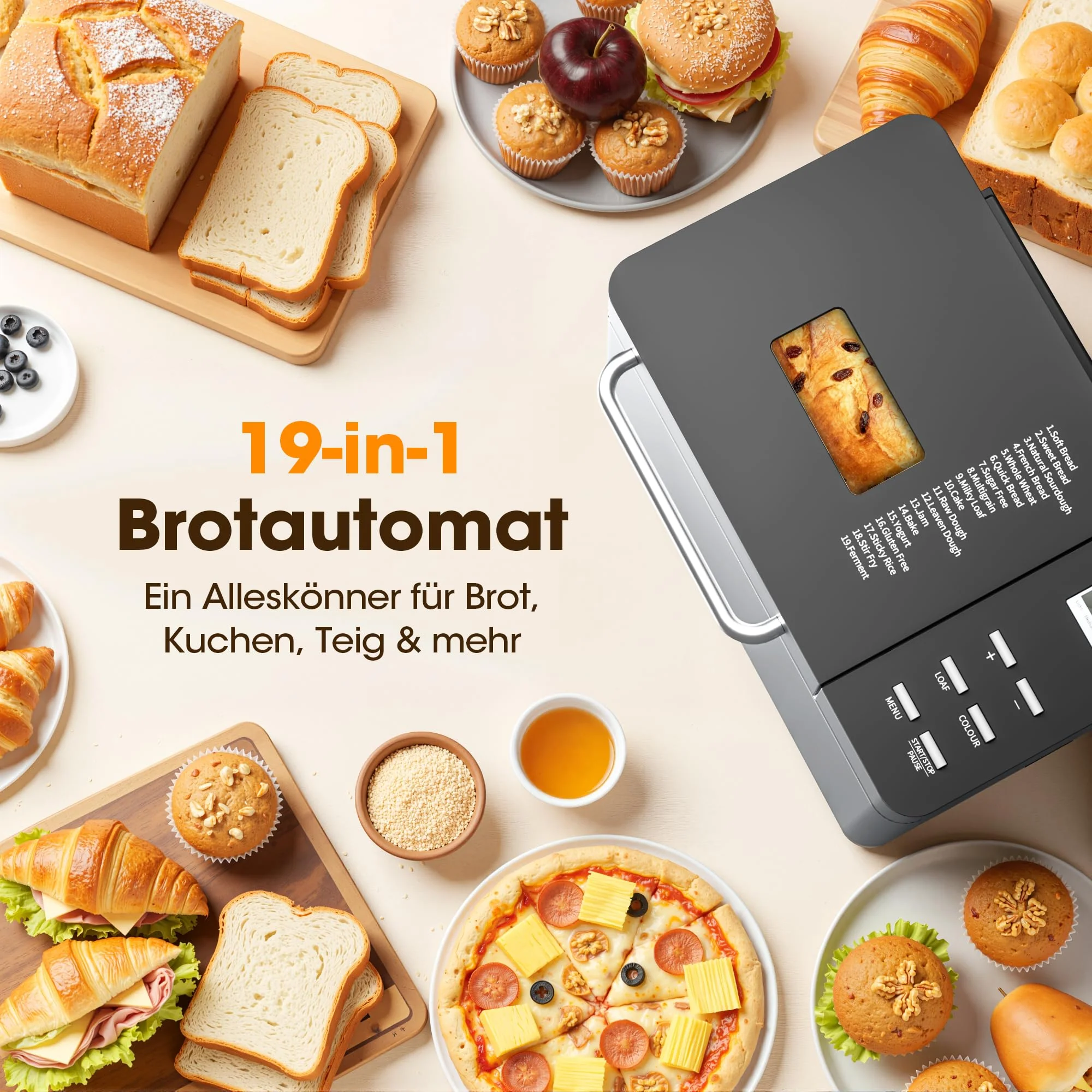 Triumphkey Brotbackautomat mit 19 Programmen & 1000g Fassungsvermögen – Vollautomatische Brotbackmaschine mit 3 Bräunungsstufen, Timer, 710W, Edelstahl-Optik inkl. Sichtfenster & Rezeptbuch - Image 8